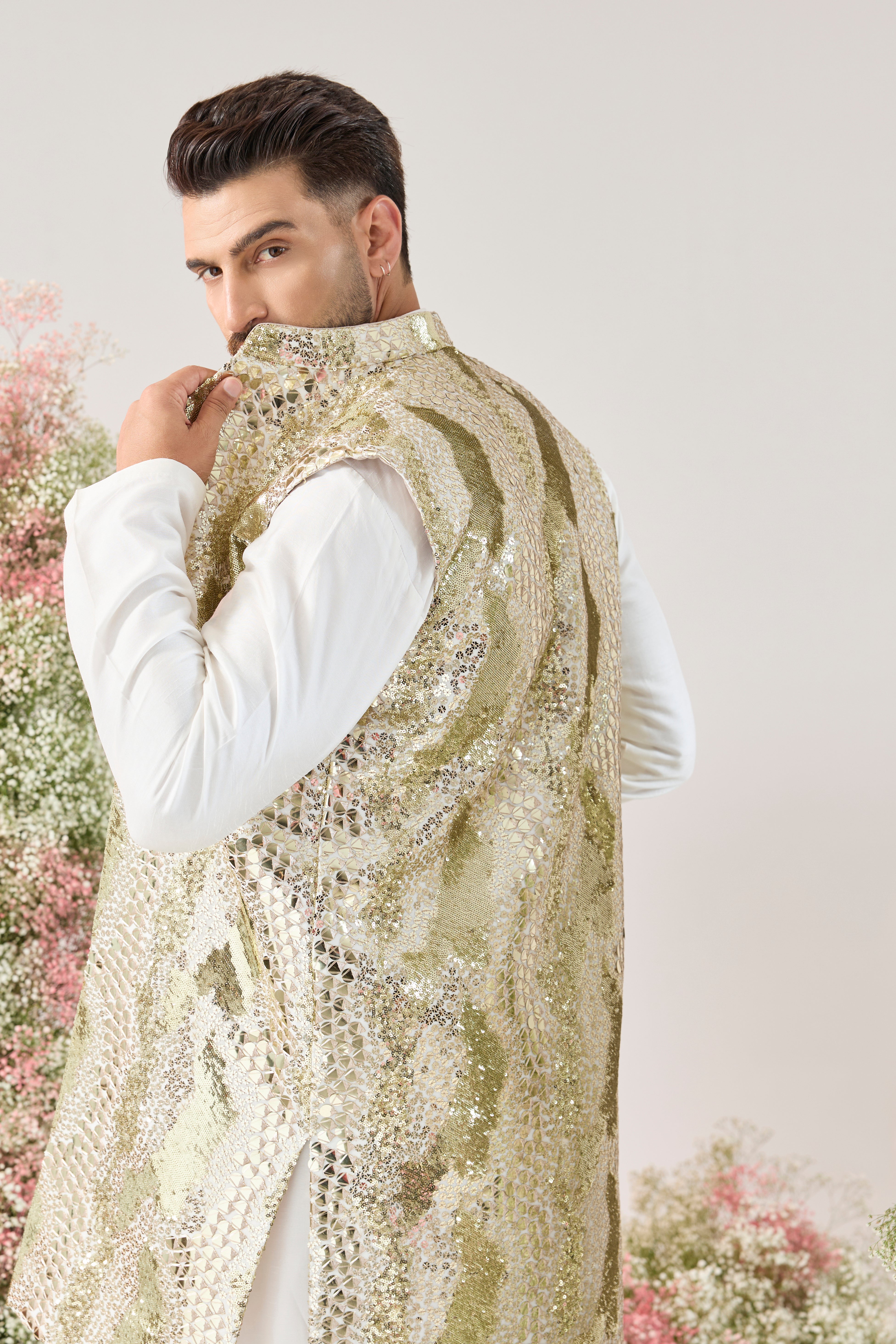 white and gold fully sequined long open jacket