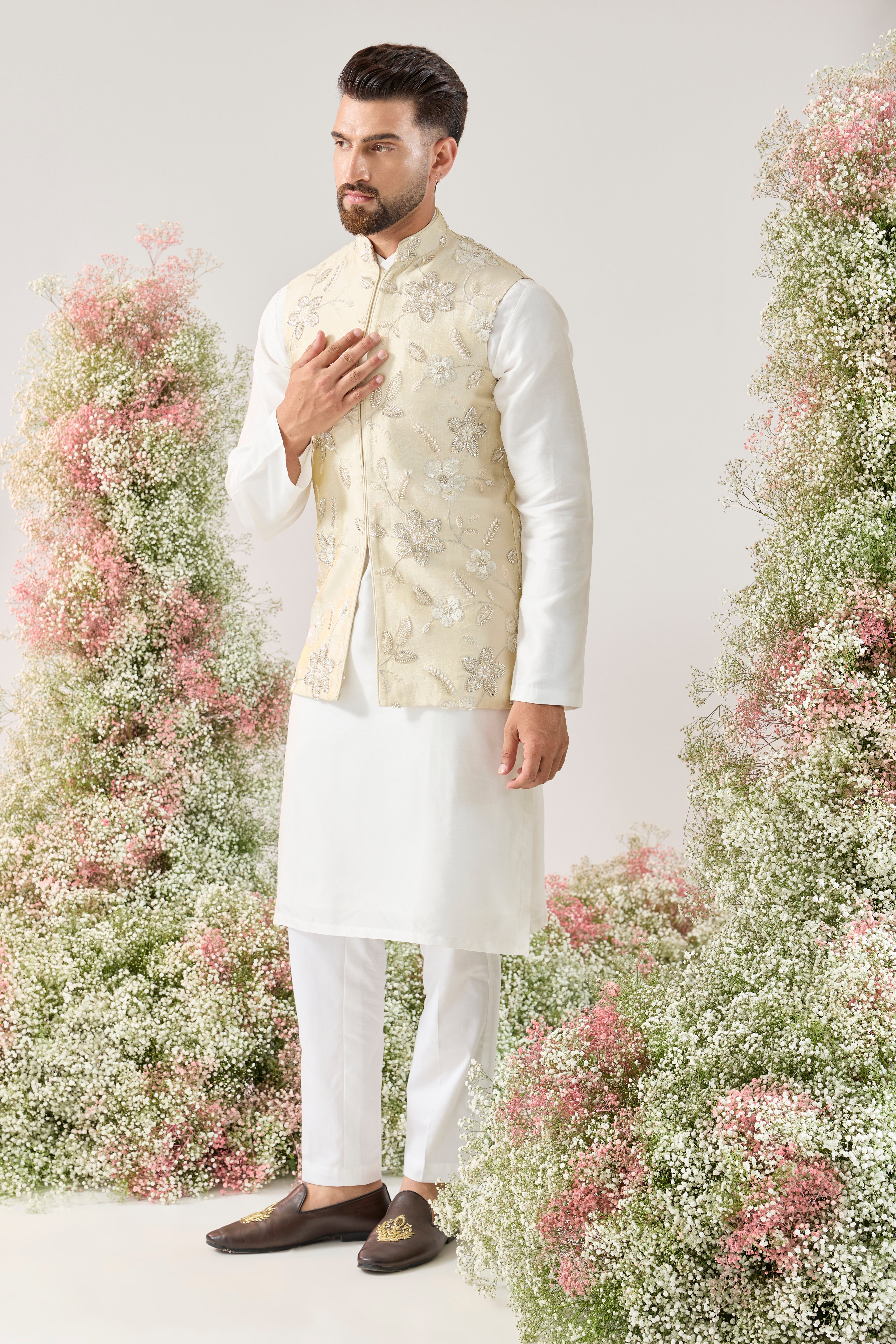 golden short jacket with deatiled cut dana work
