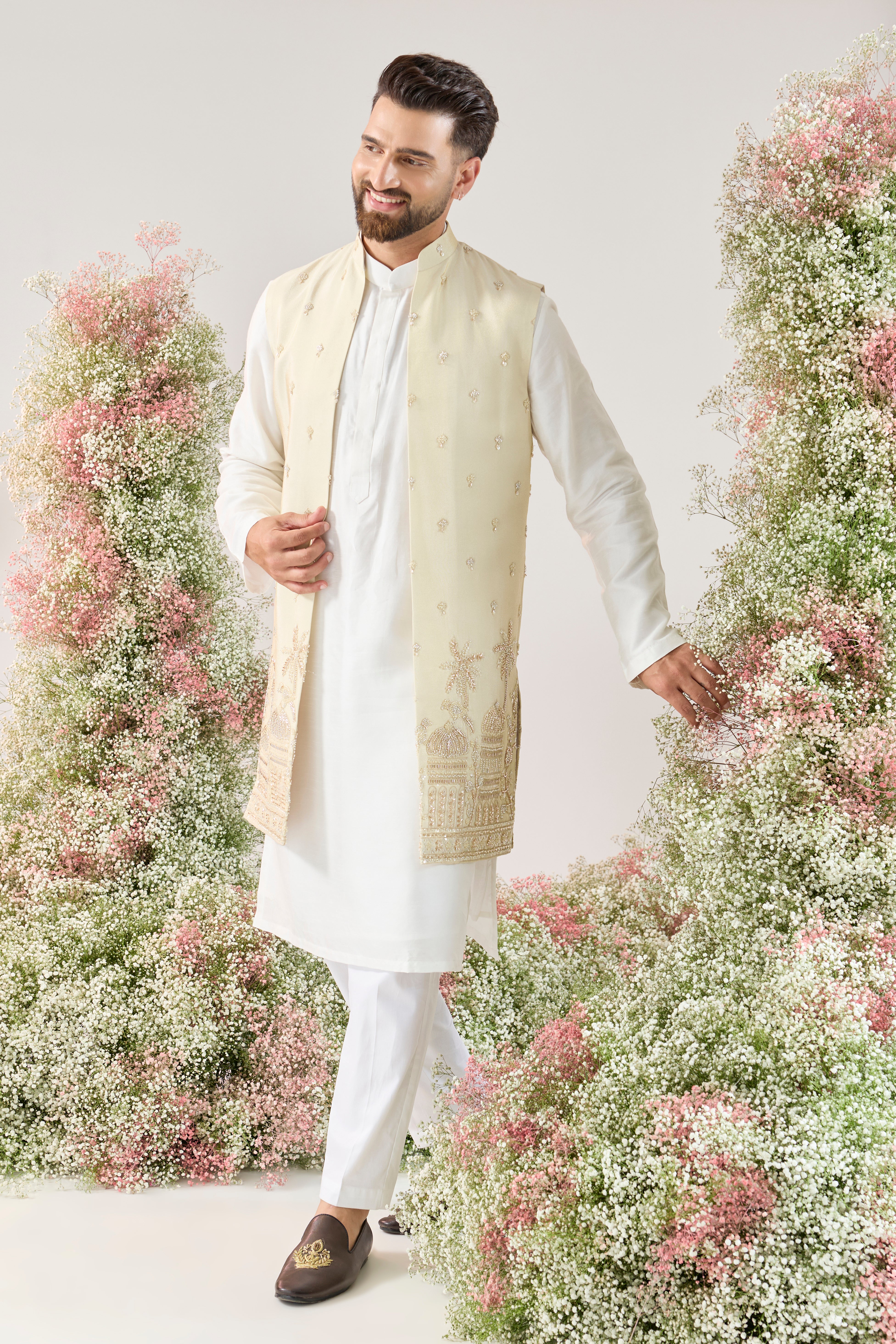 golden long open jacket with detailed cut dana embroidery