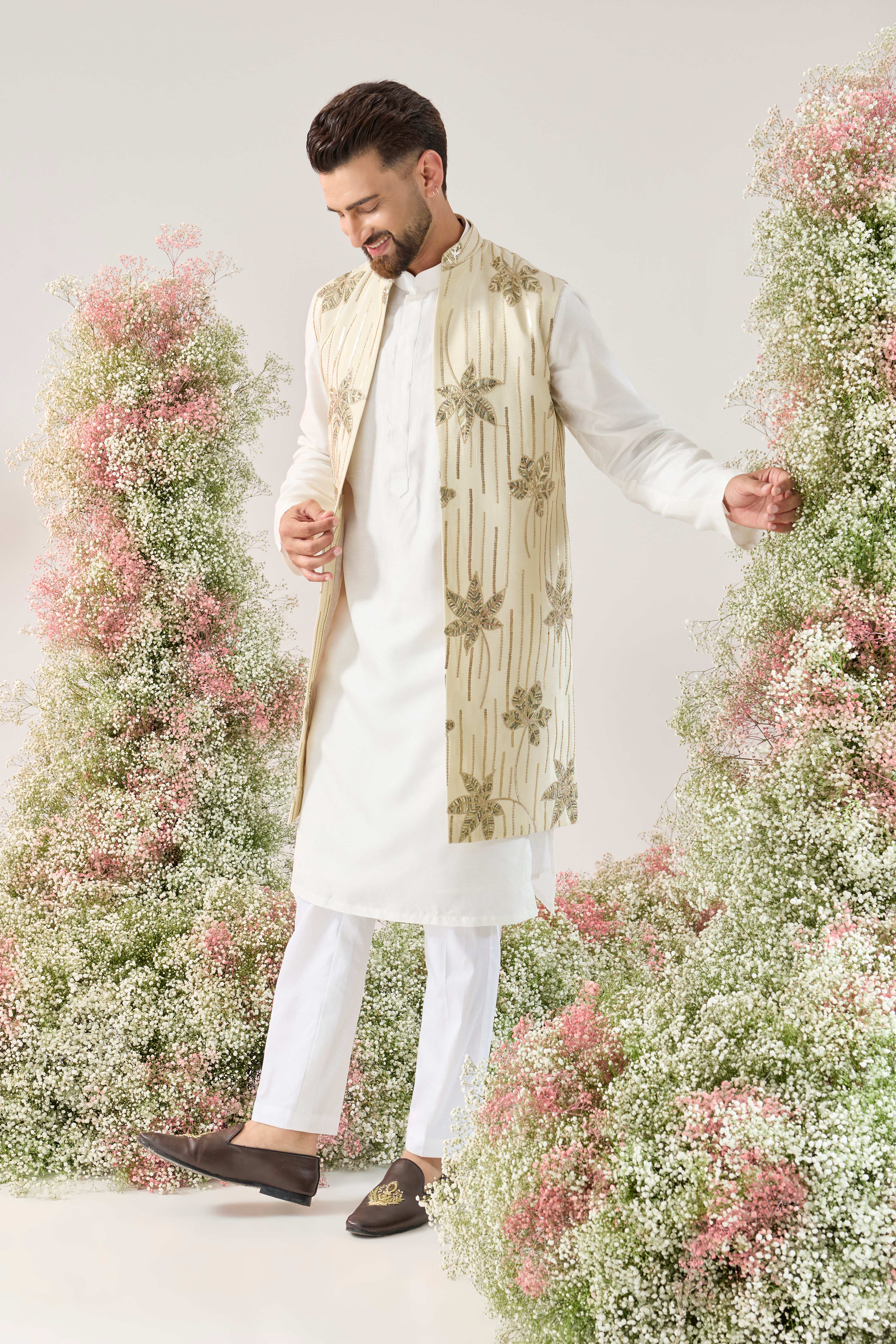 golden long open jacket with floral embroidery