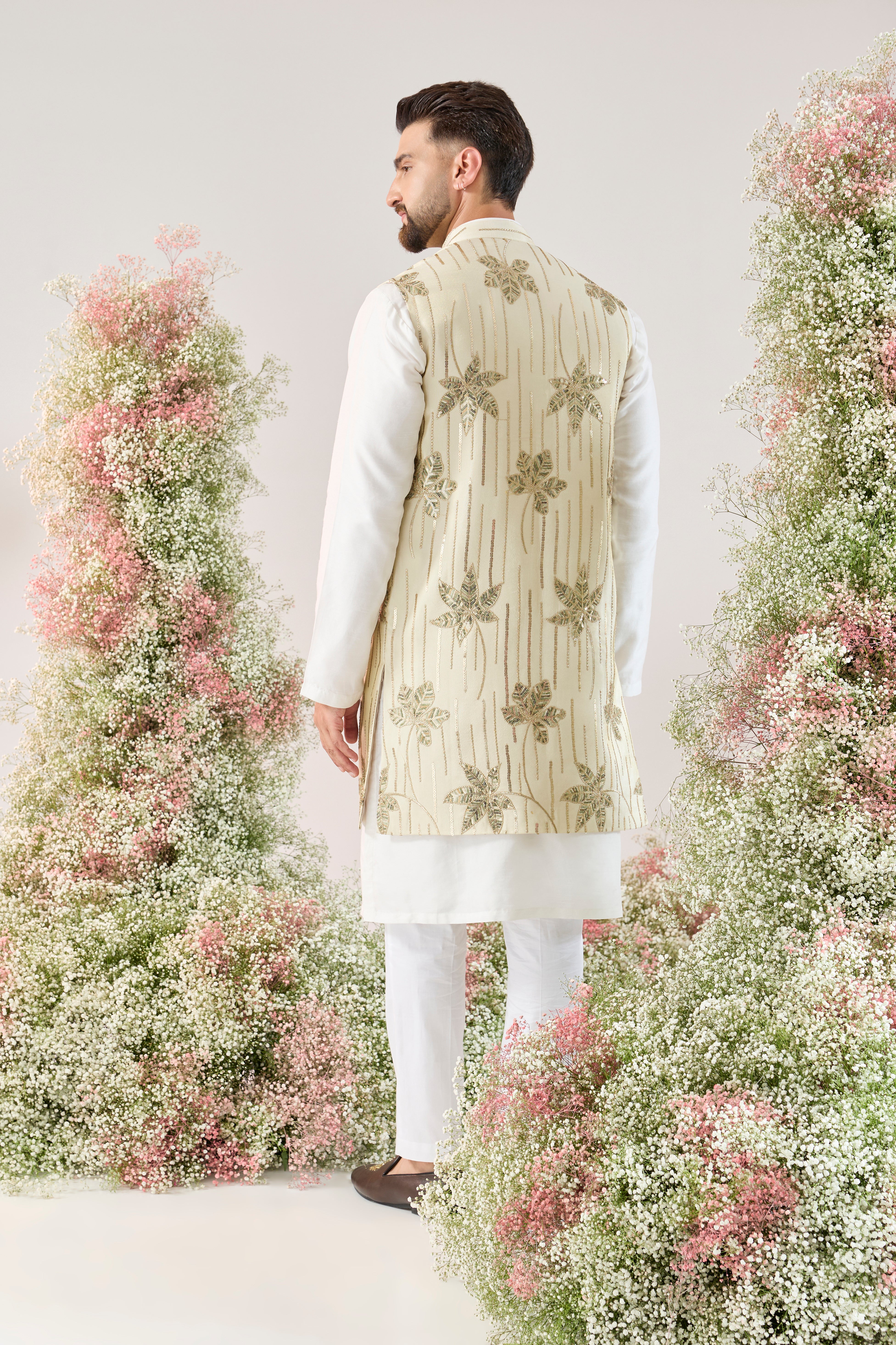 golden long open jacket with floral embroidery