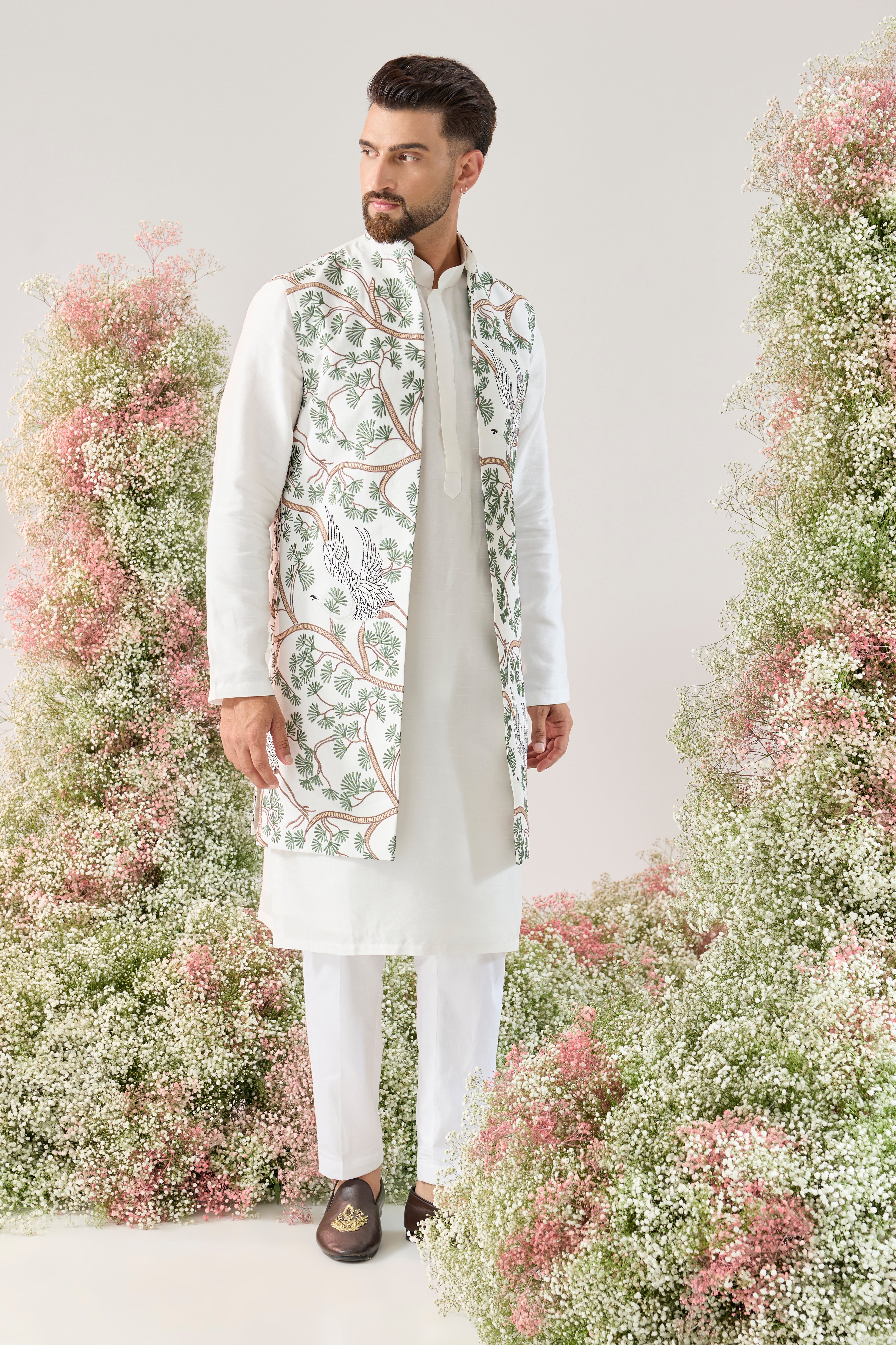 White Long Open Jacket: Flamingo Serenity
