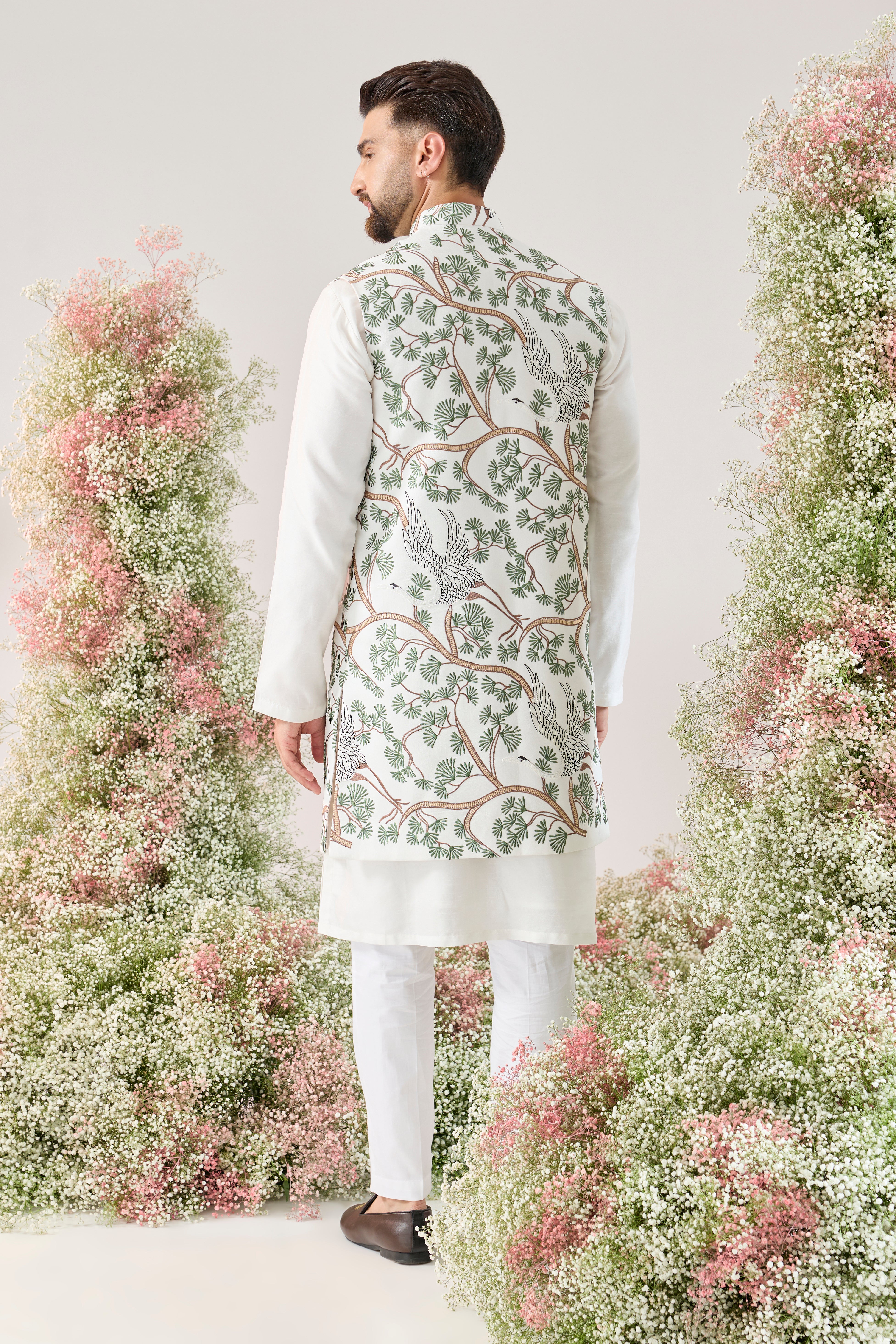 White Long Open Jacket: Flamingo Serenity