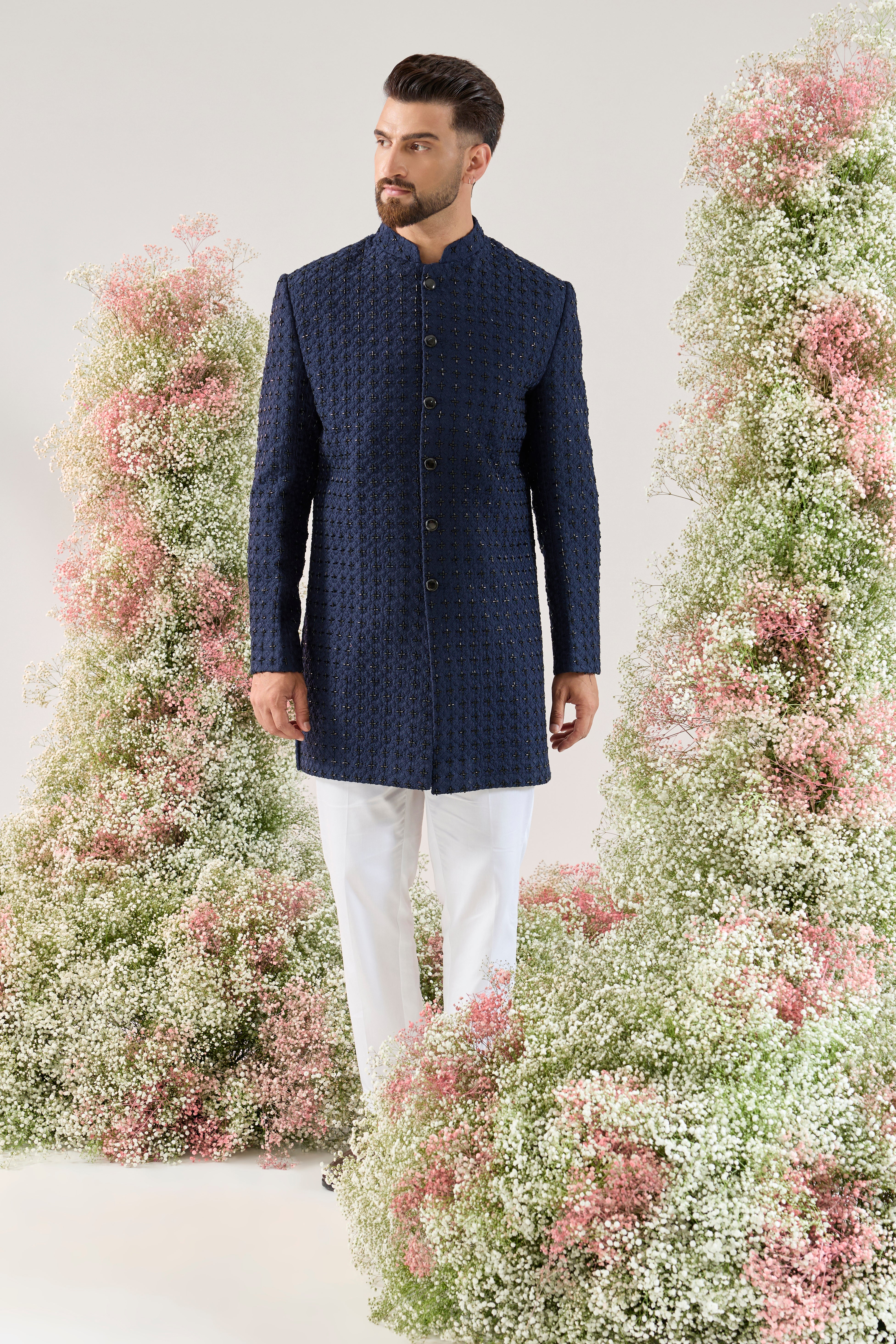 classic navy blue short indowestern with detailed cut dana