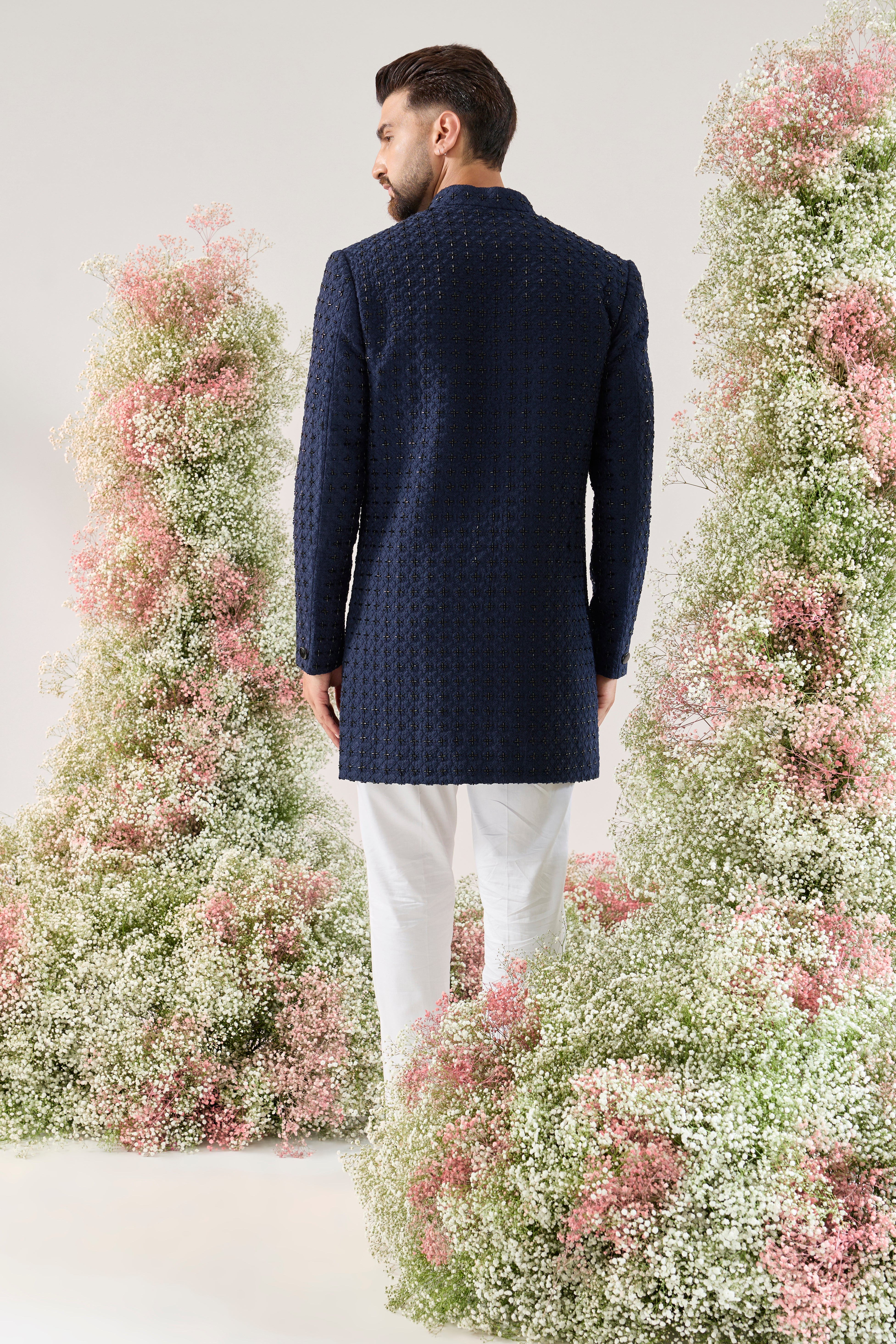 classic navy blue short indowestern with detailed cut dana