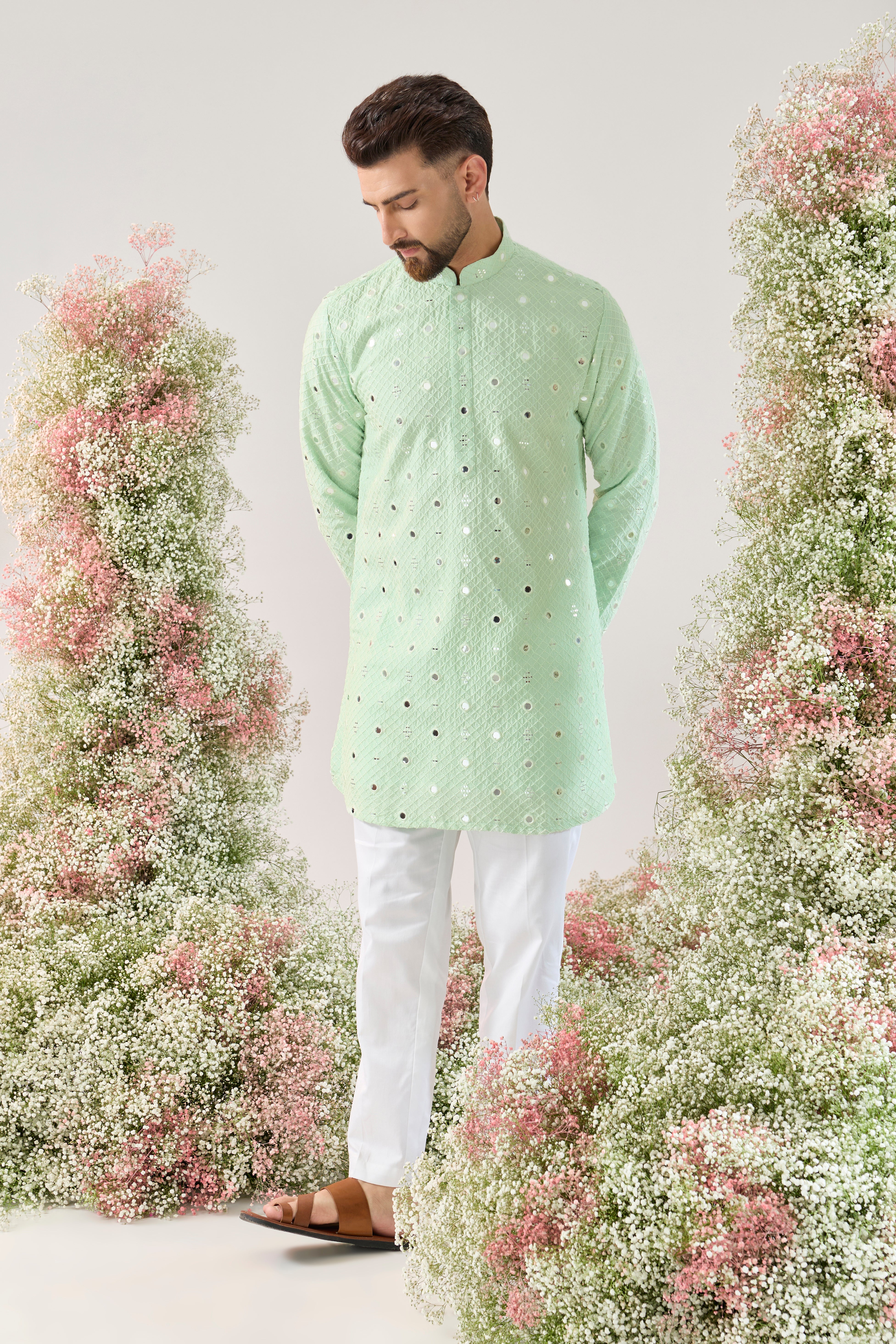 pastel green short mirror work kurta