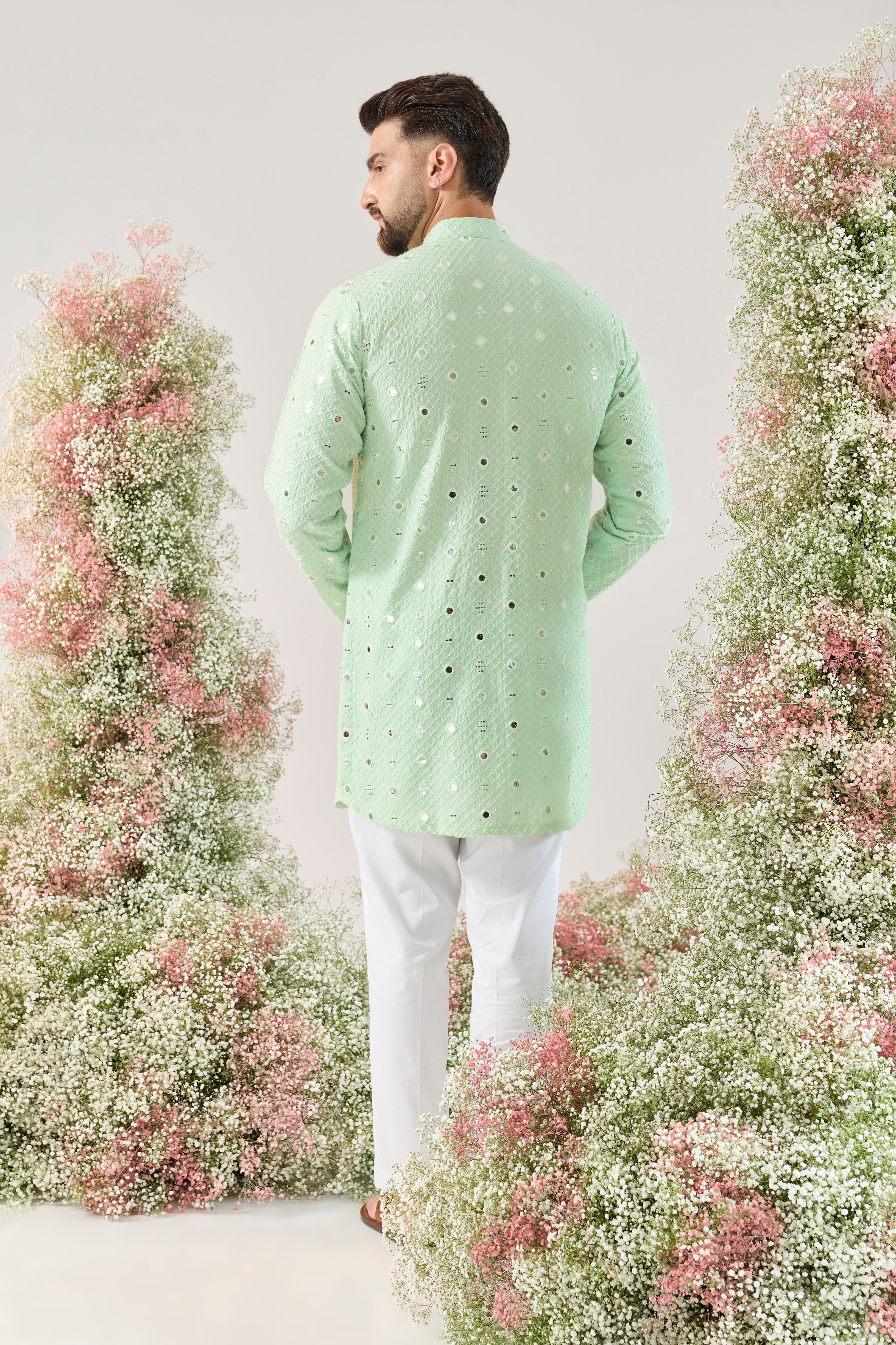 pastel green short mirror work kurta