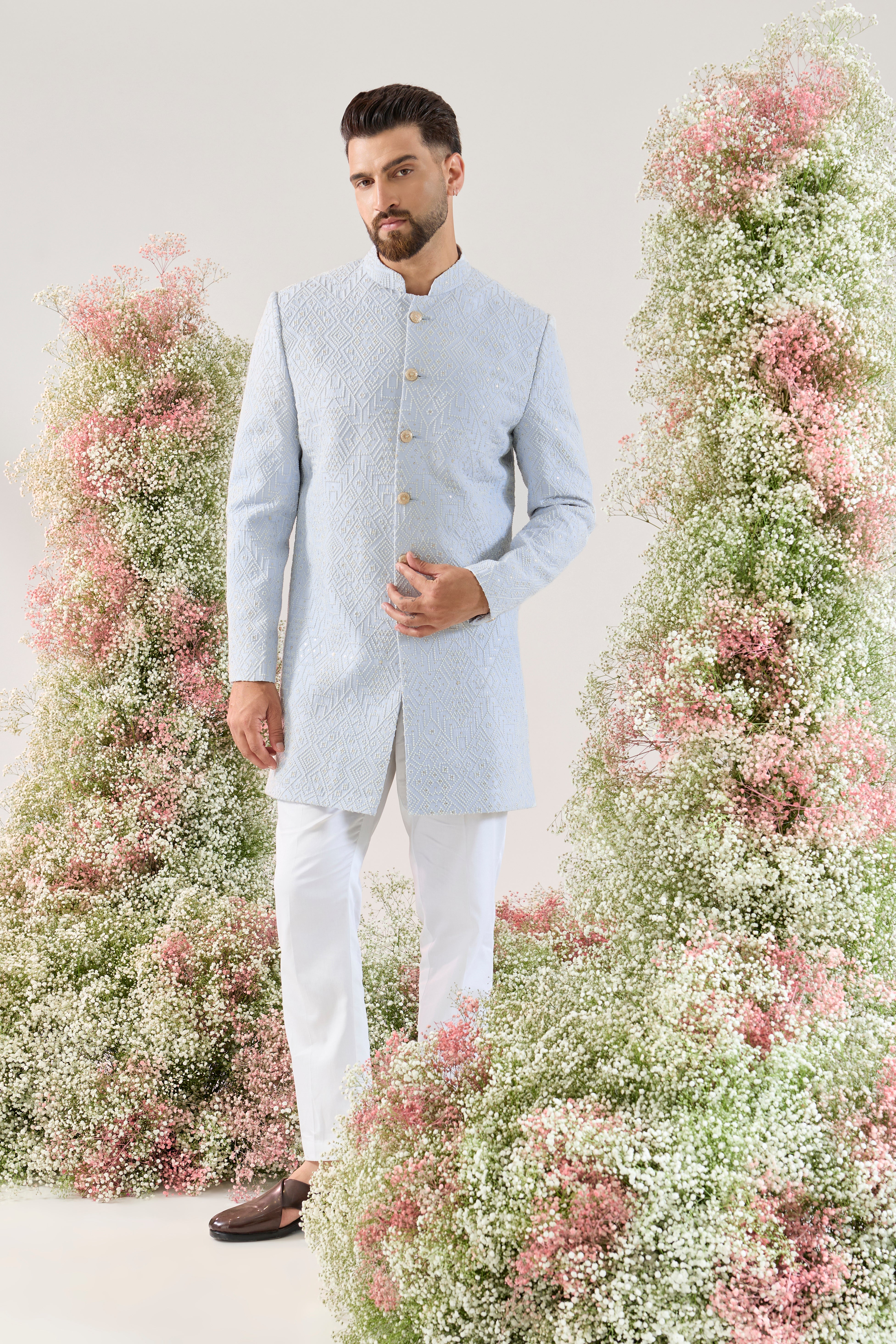 powder blue geometrically embroidried short indowestern