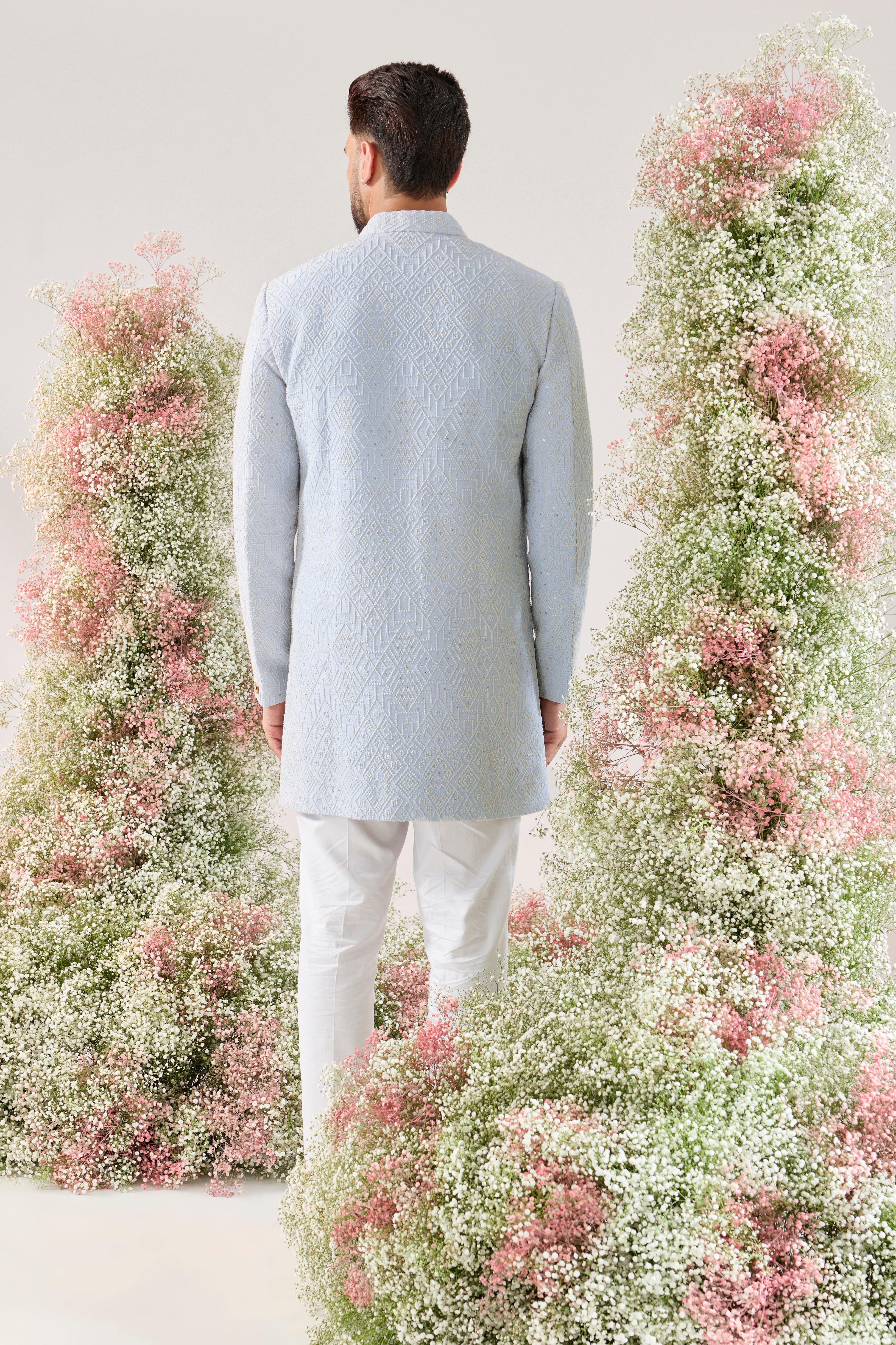 powder blue geometrically embroidried short indowestern