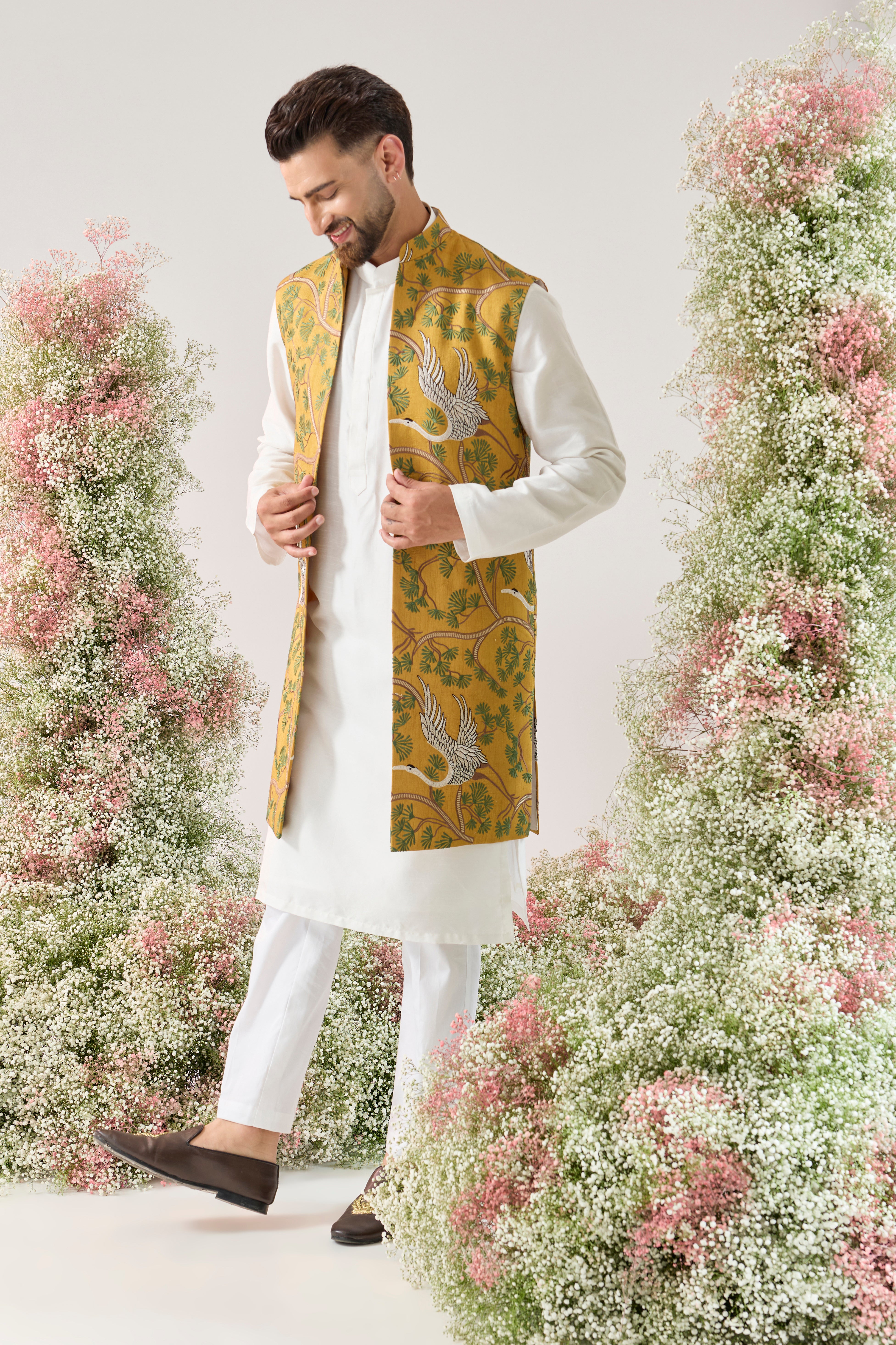 mustard Long Open Jacket: Flamingo Serenity