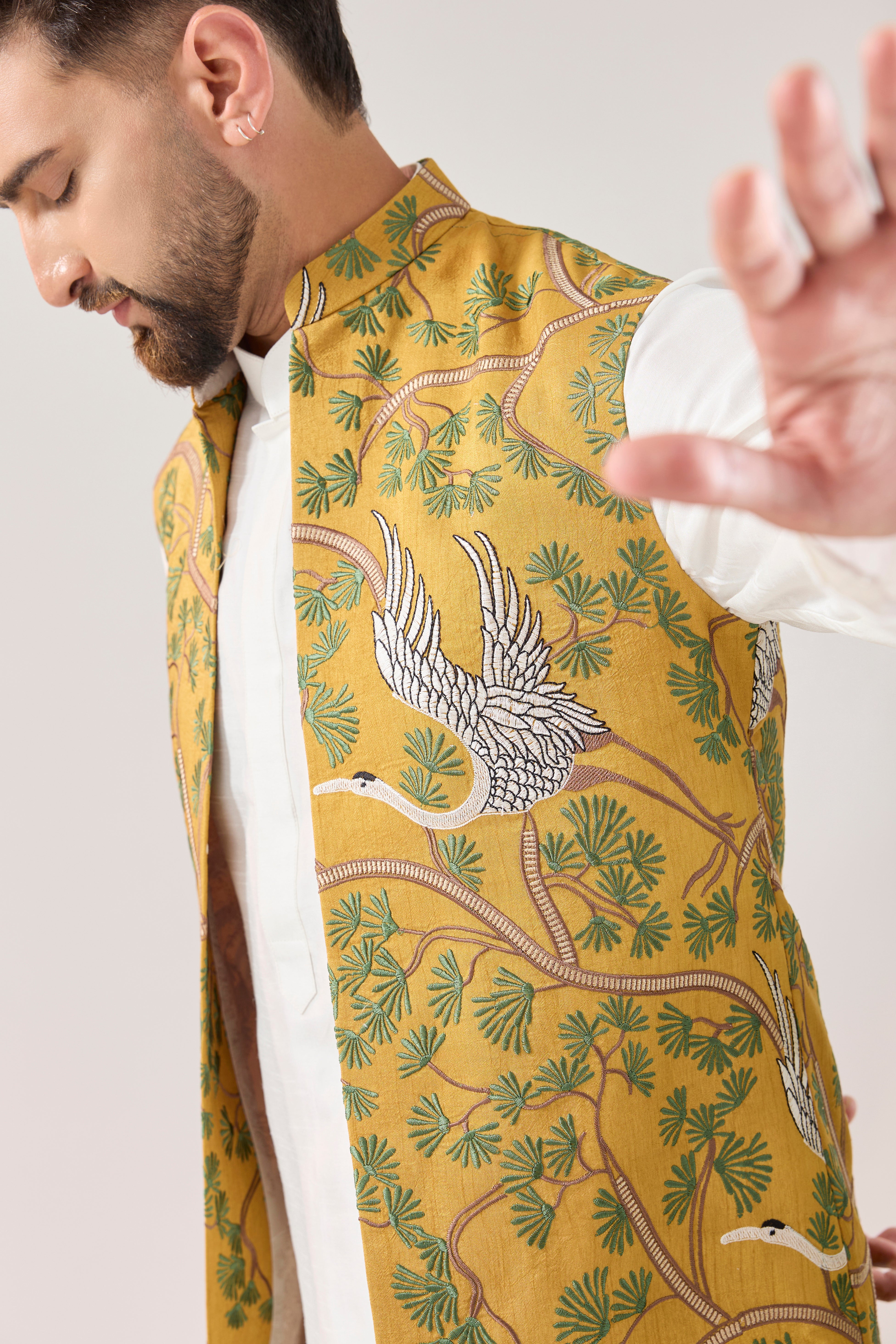 mustard Long Open Jacket: Flamingo Serenity
