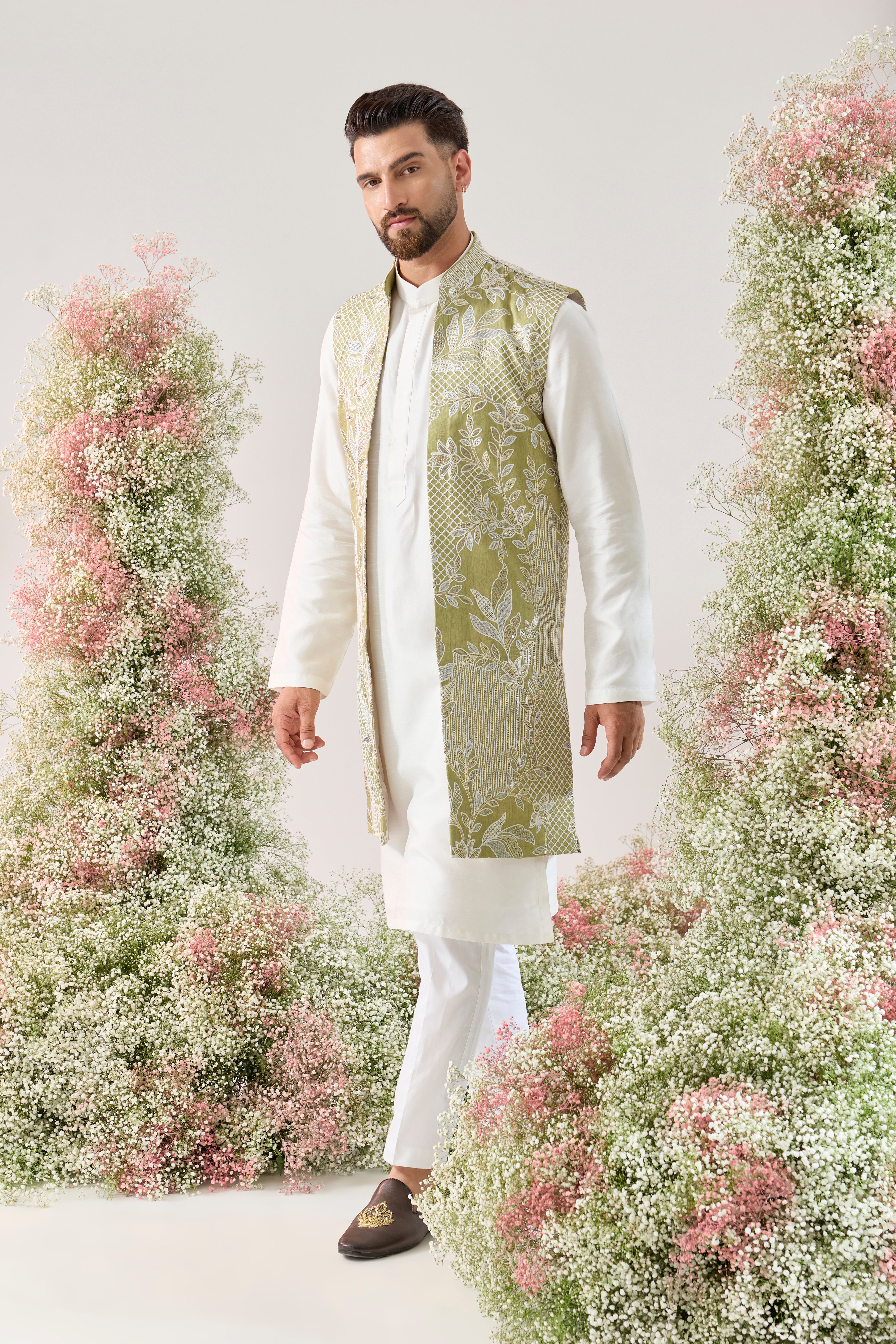green floral threadwork long open jacket with intriacte sequin interplay