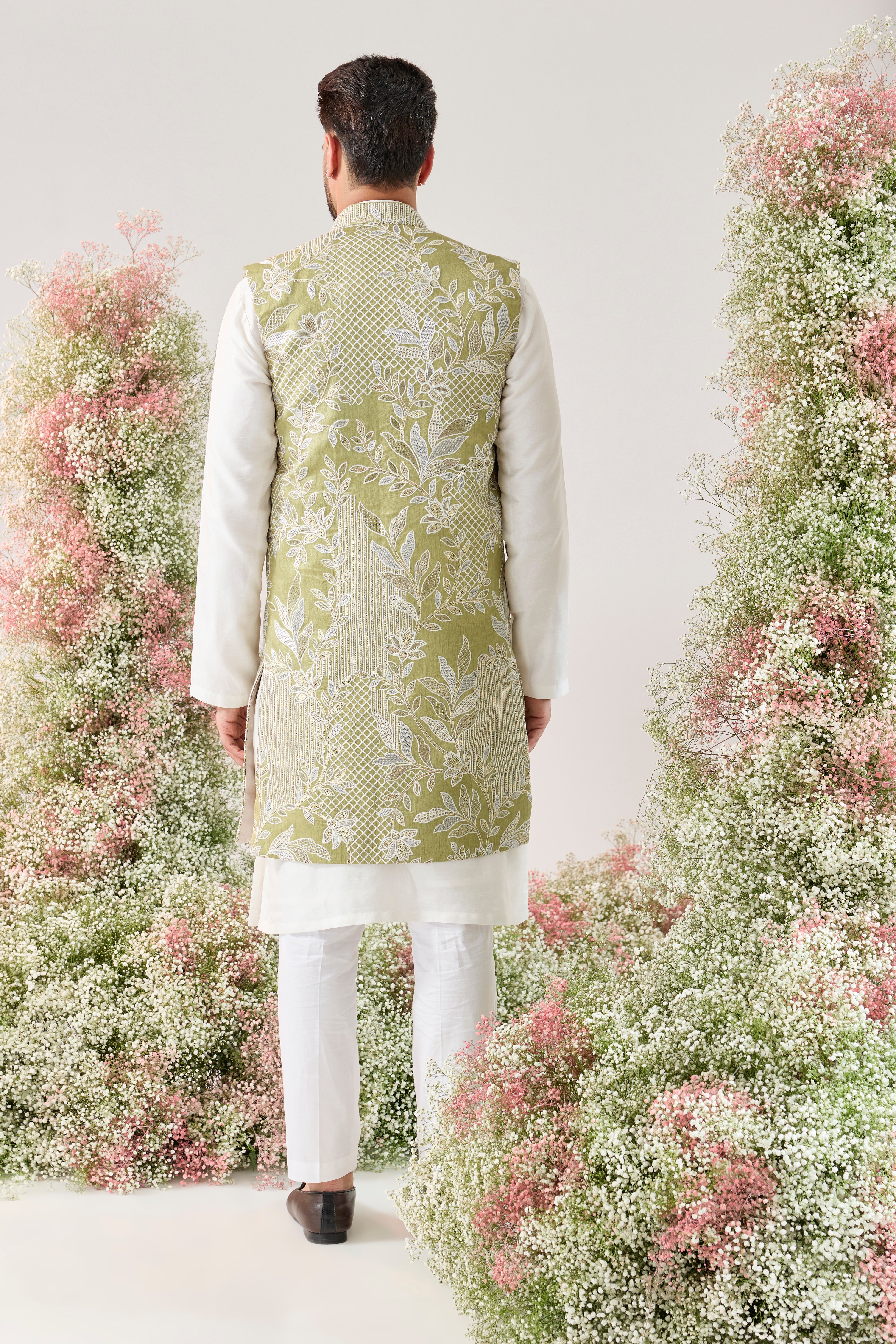 green floral threadwork long open jacket with intriacte sequin interplay