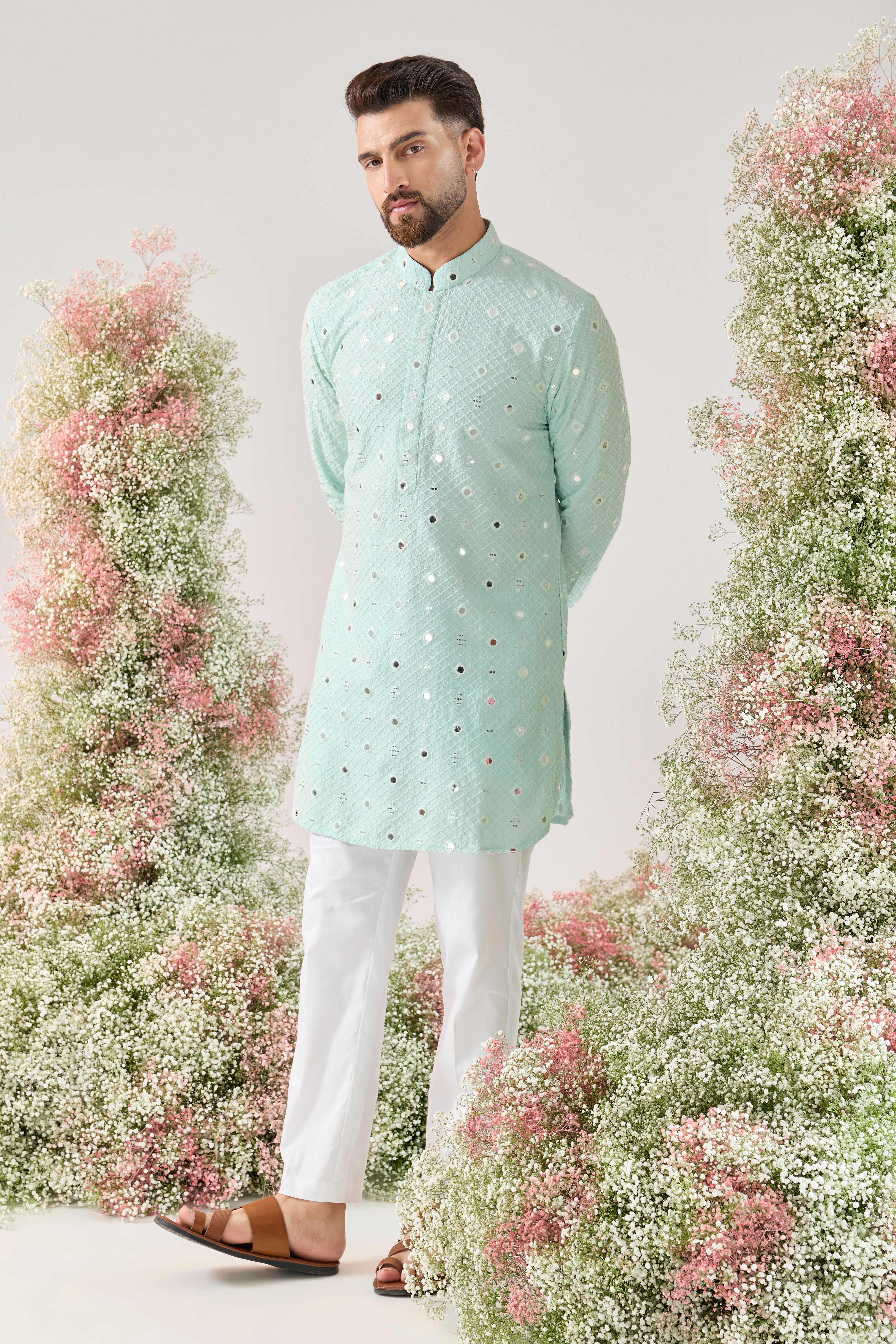 blue short mirror work kurta