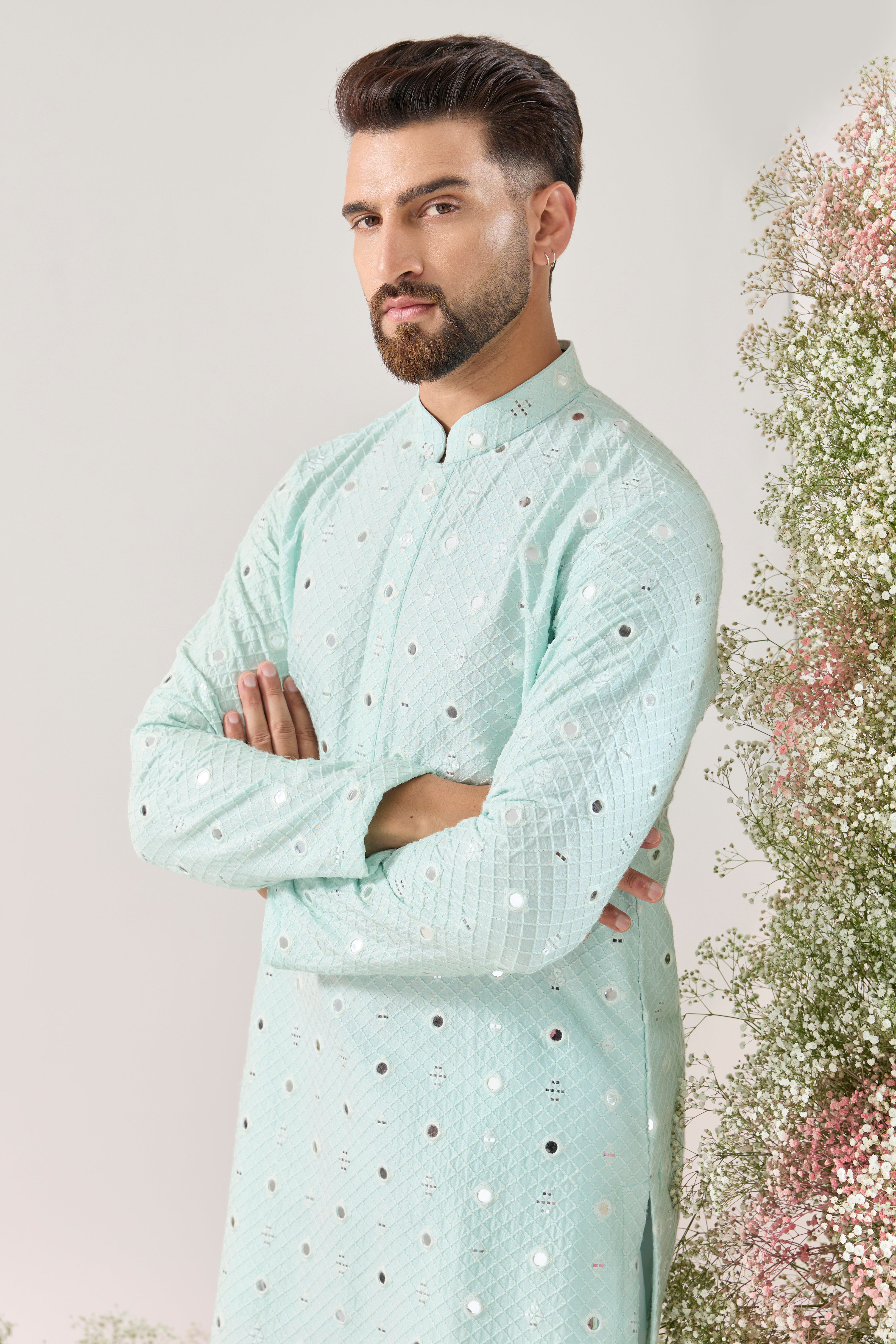 blue short mirror work kurta