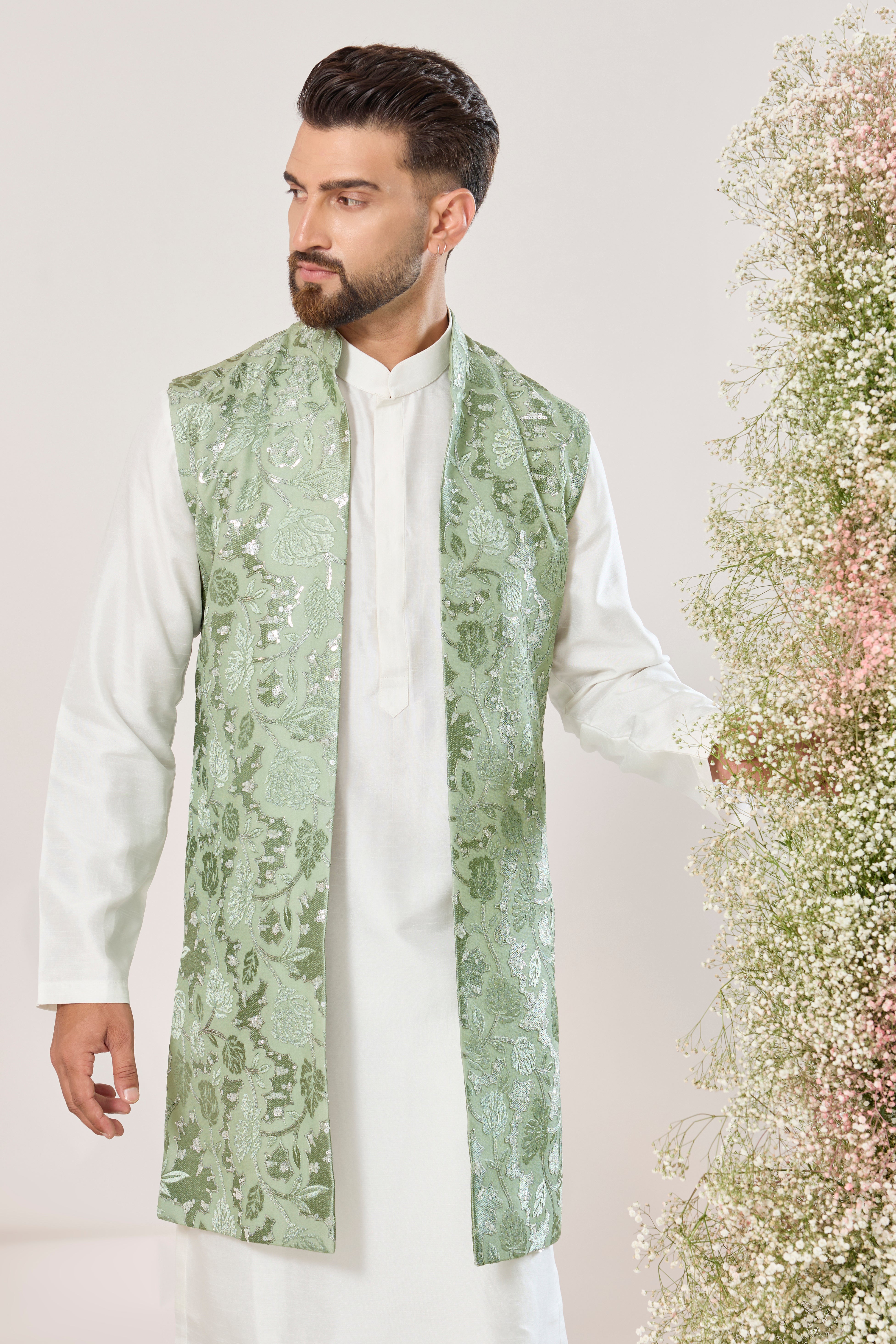 sage green long open jacket with floral embossing