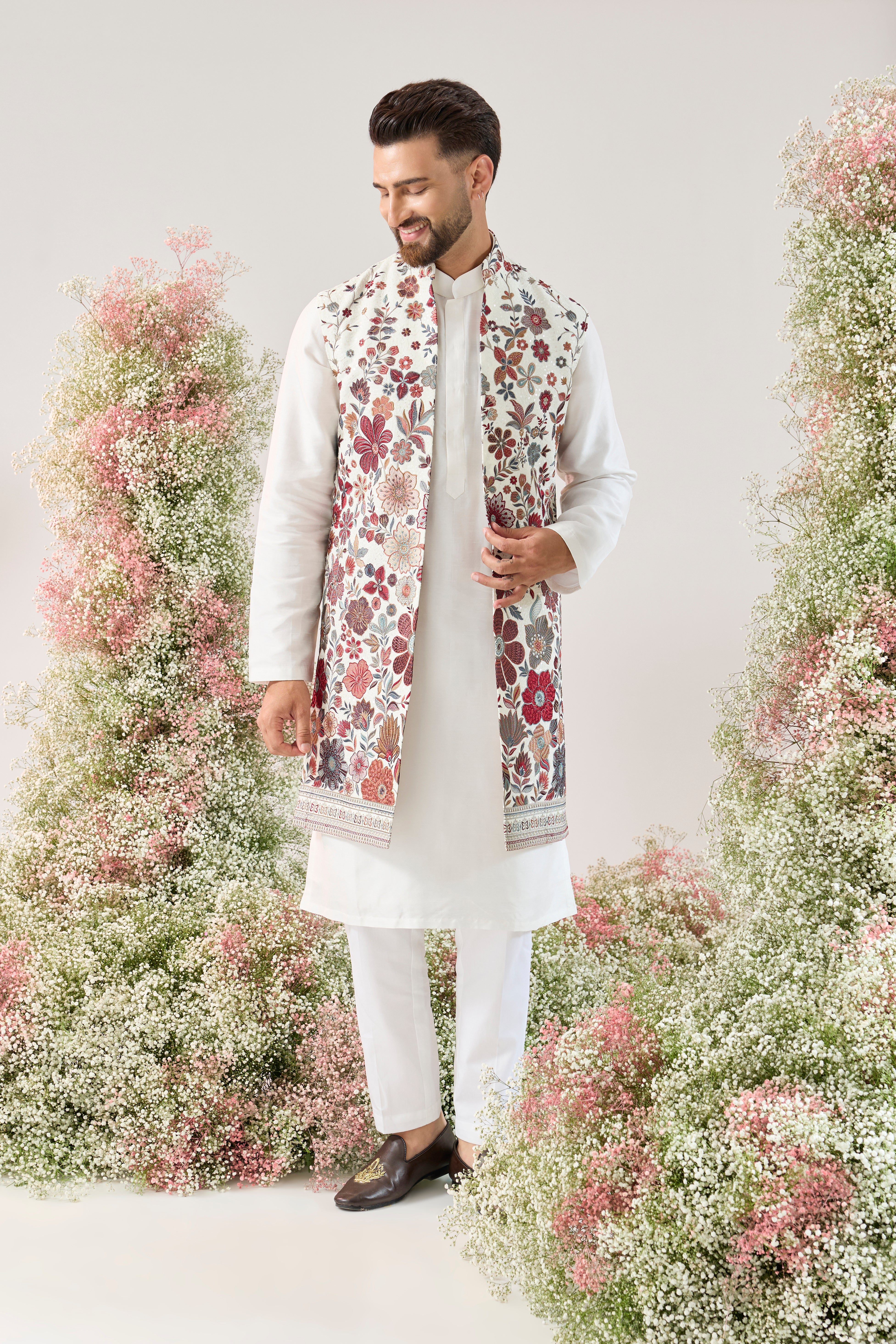 white floral long open jacket with intricate sequin work