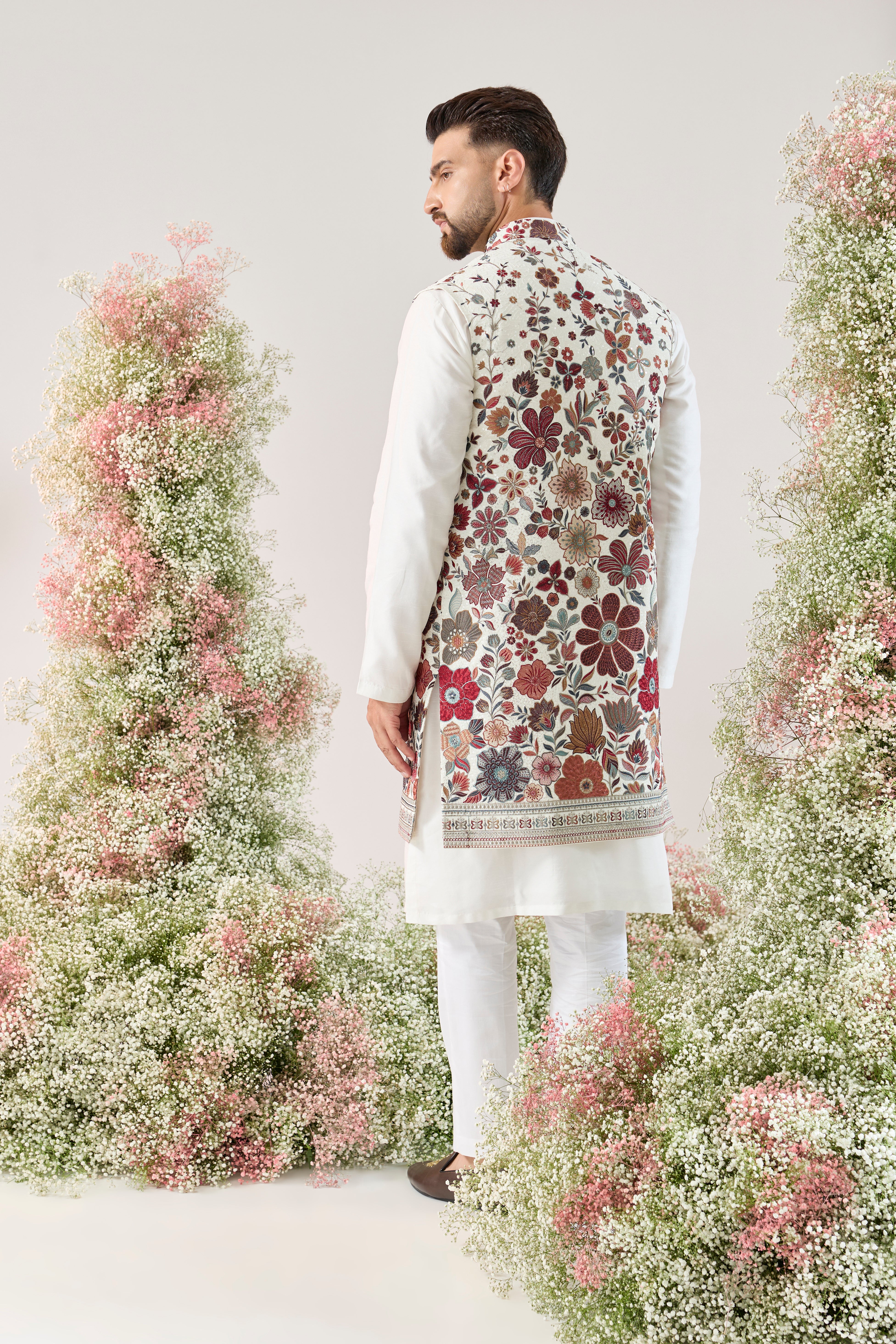 white floral long open jacket with intricate sequin work