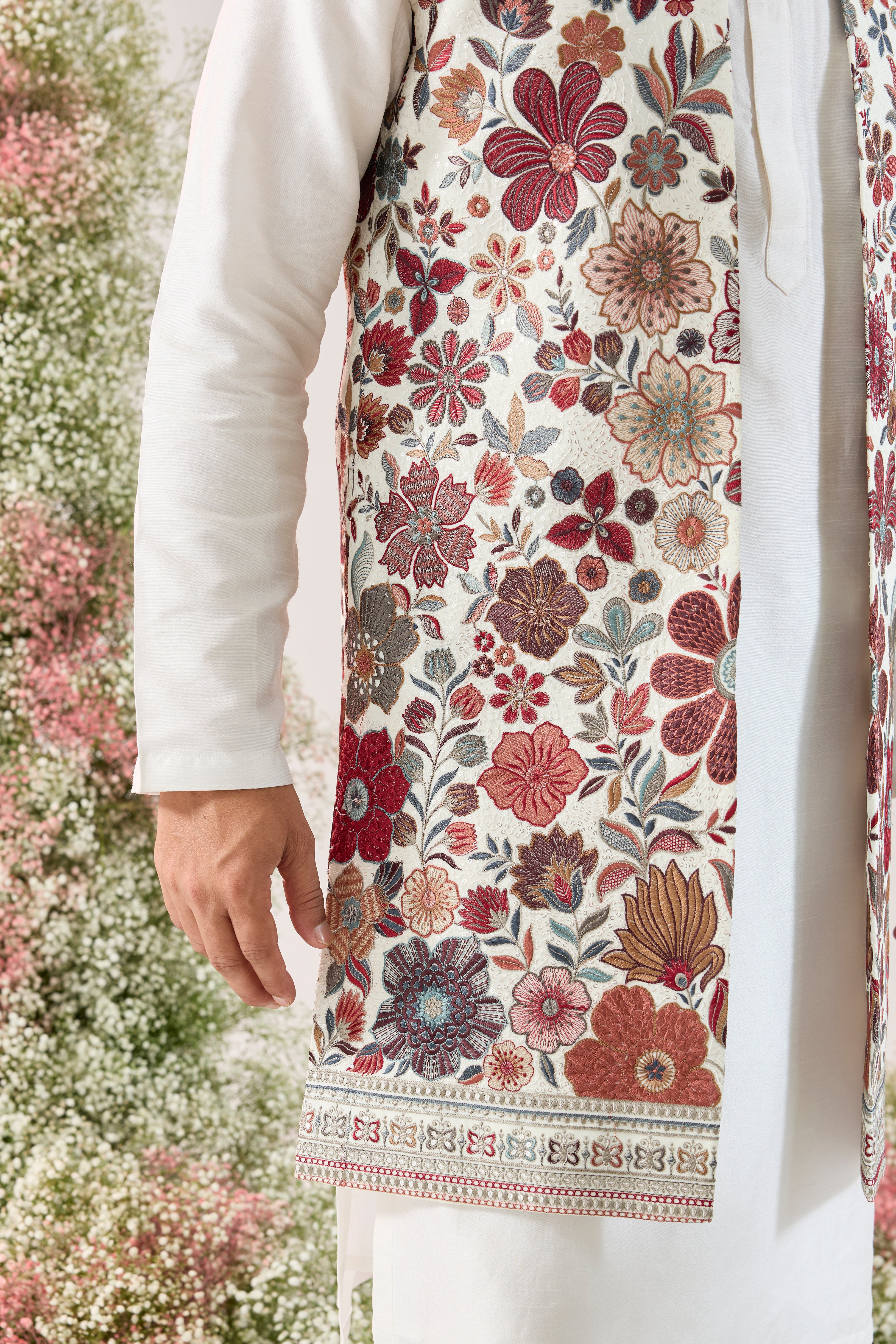 white floral long open jacket with intricate sequin work