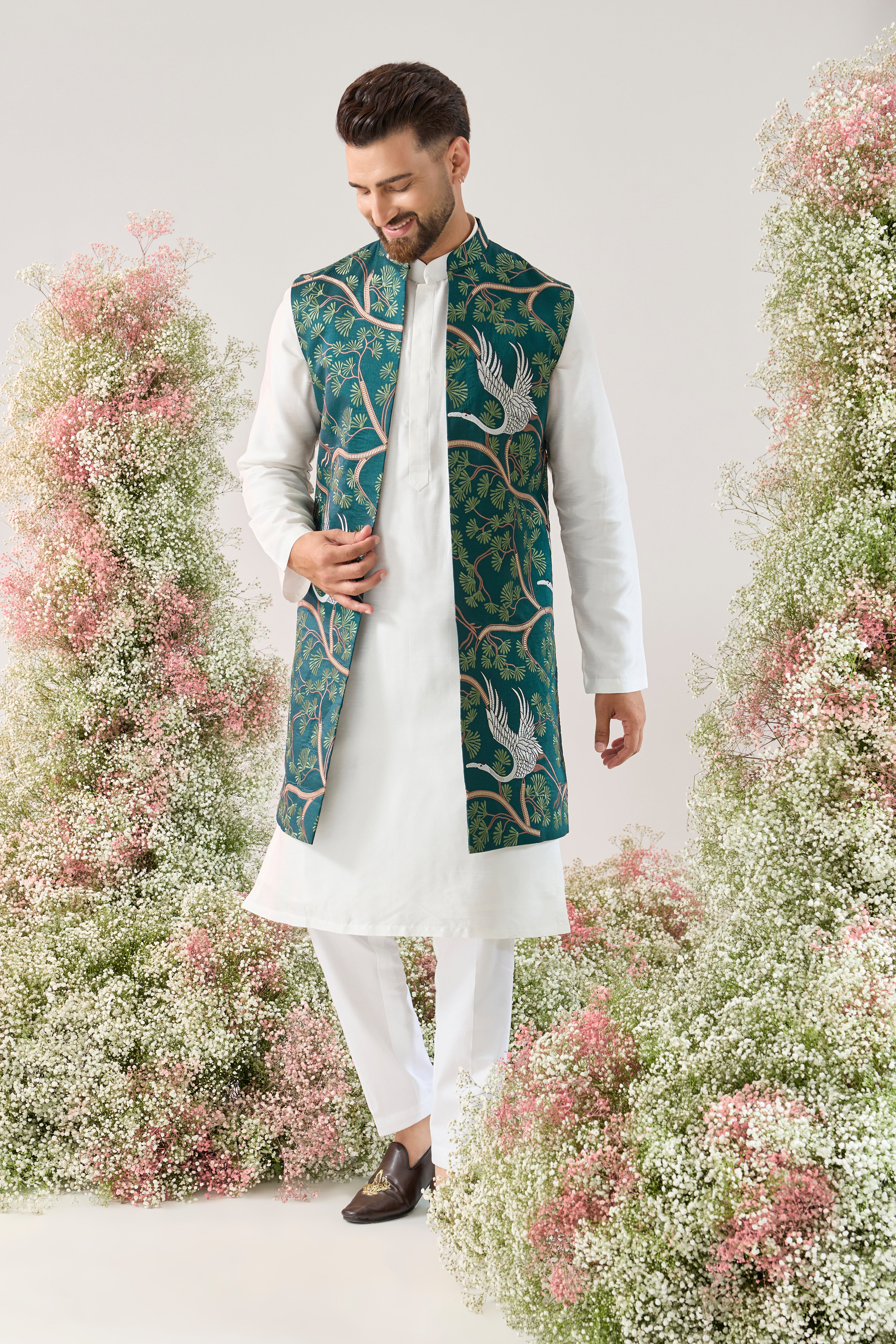 teal Long Open Jacket: Flamingo Serenity