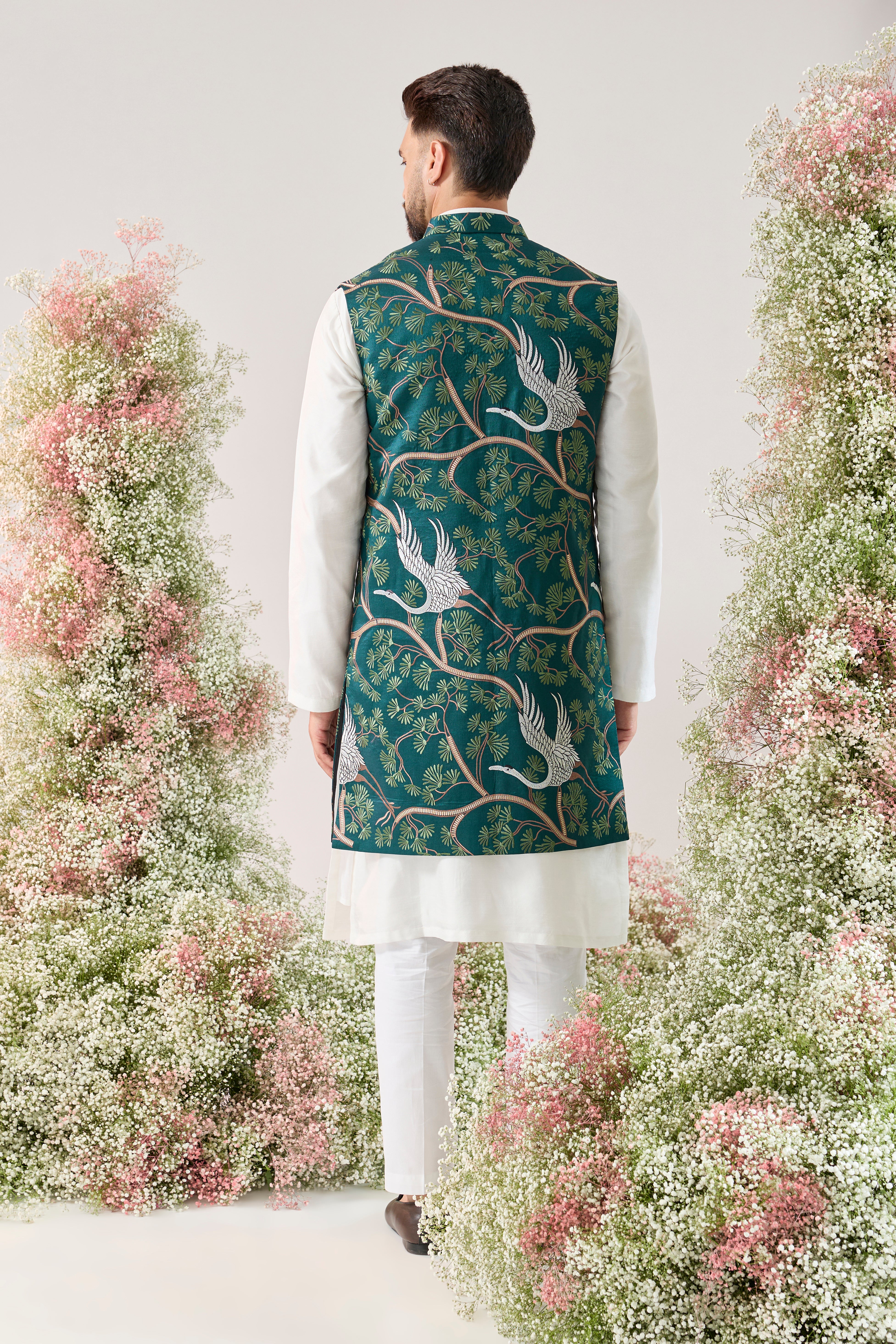 teal Long Open Jacket: Flamingo Serenity