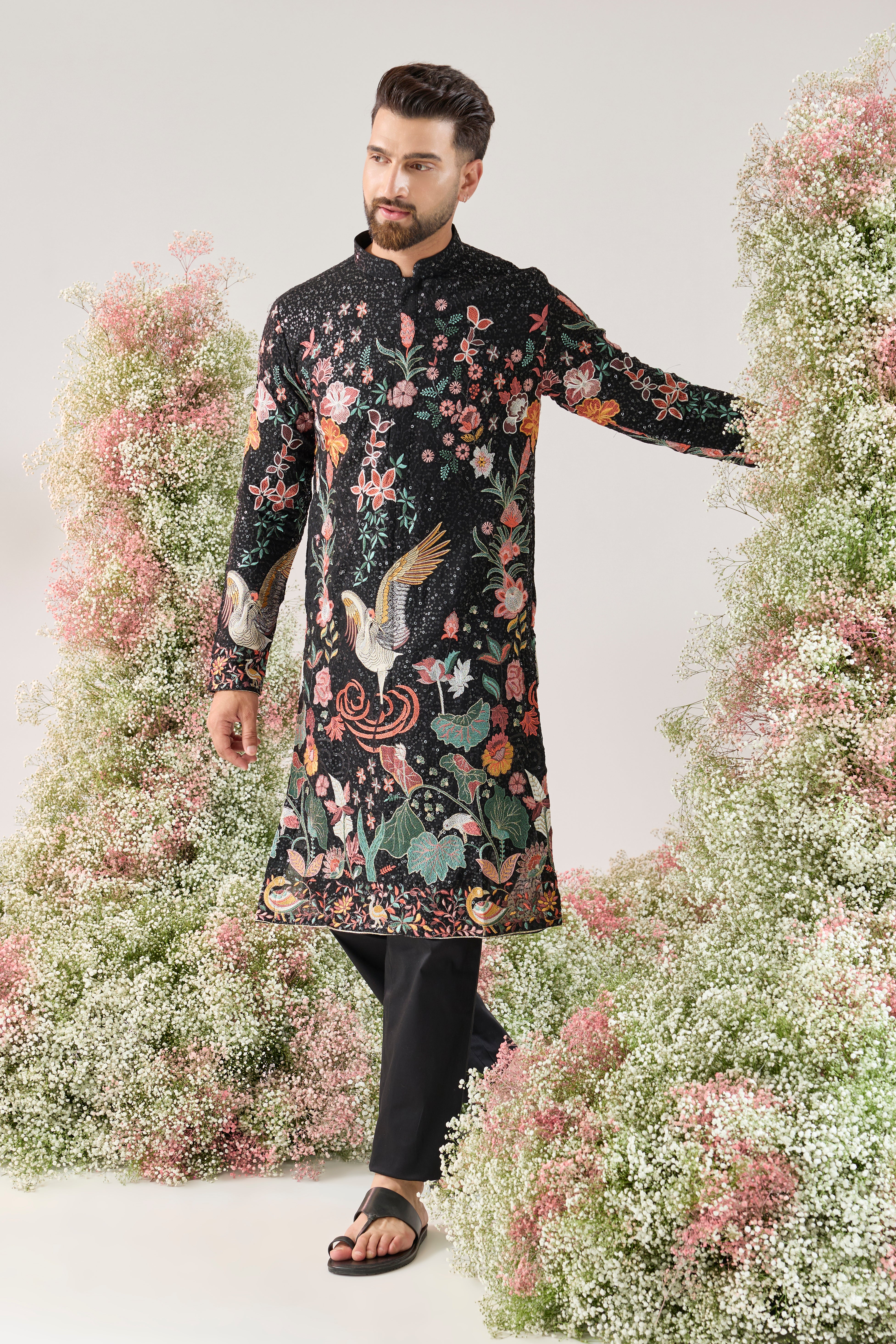black sequined kurta with flora and fauna embroidery