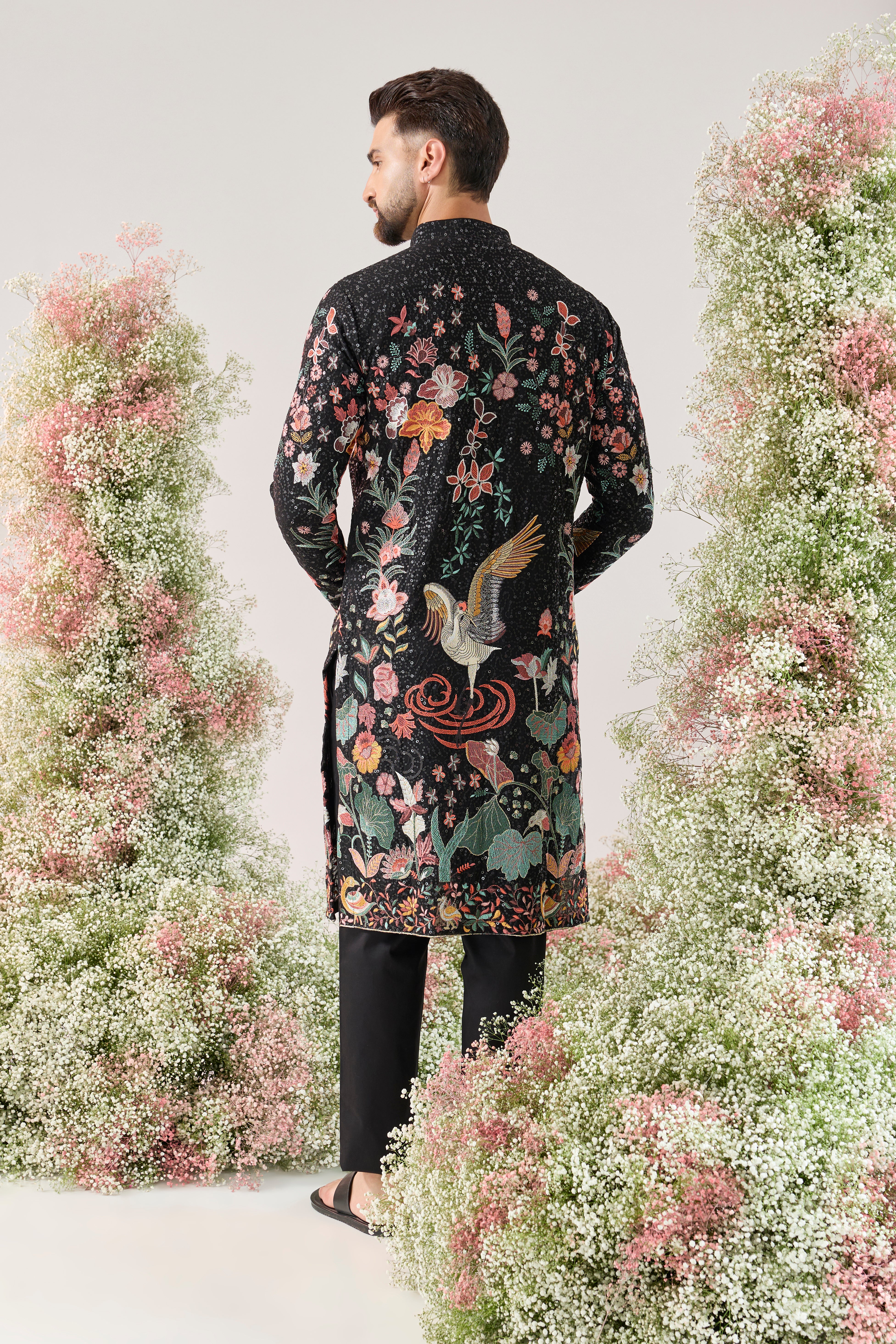 black sequined kurta with flora and fauna embroidery