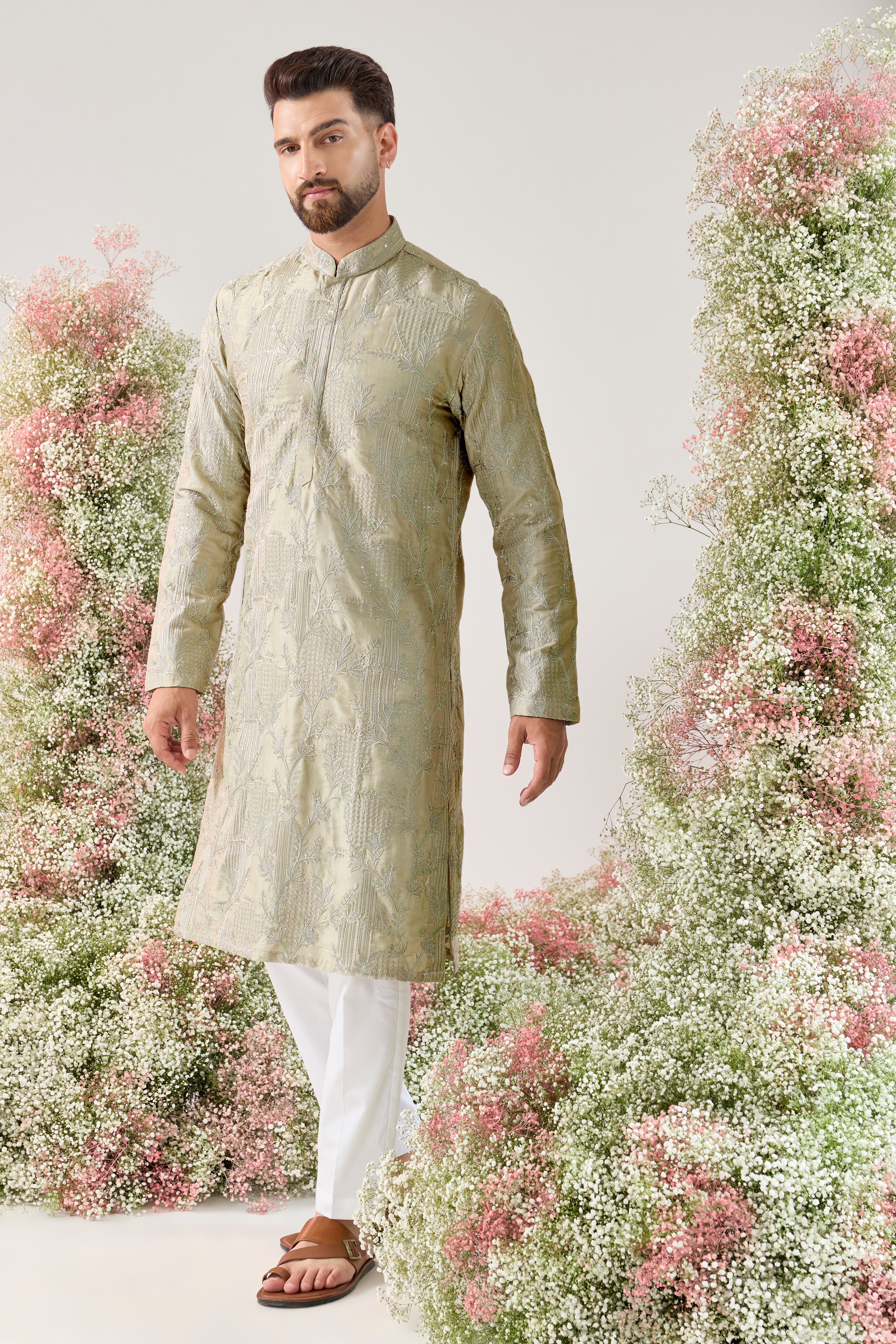 mint-silver sequined kurta with delicate floral embroidery