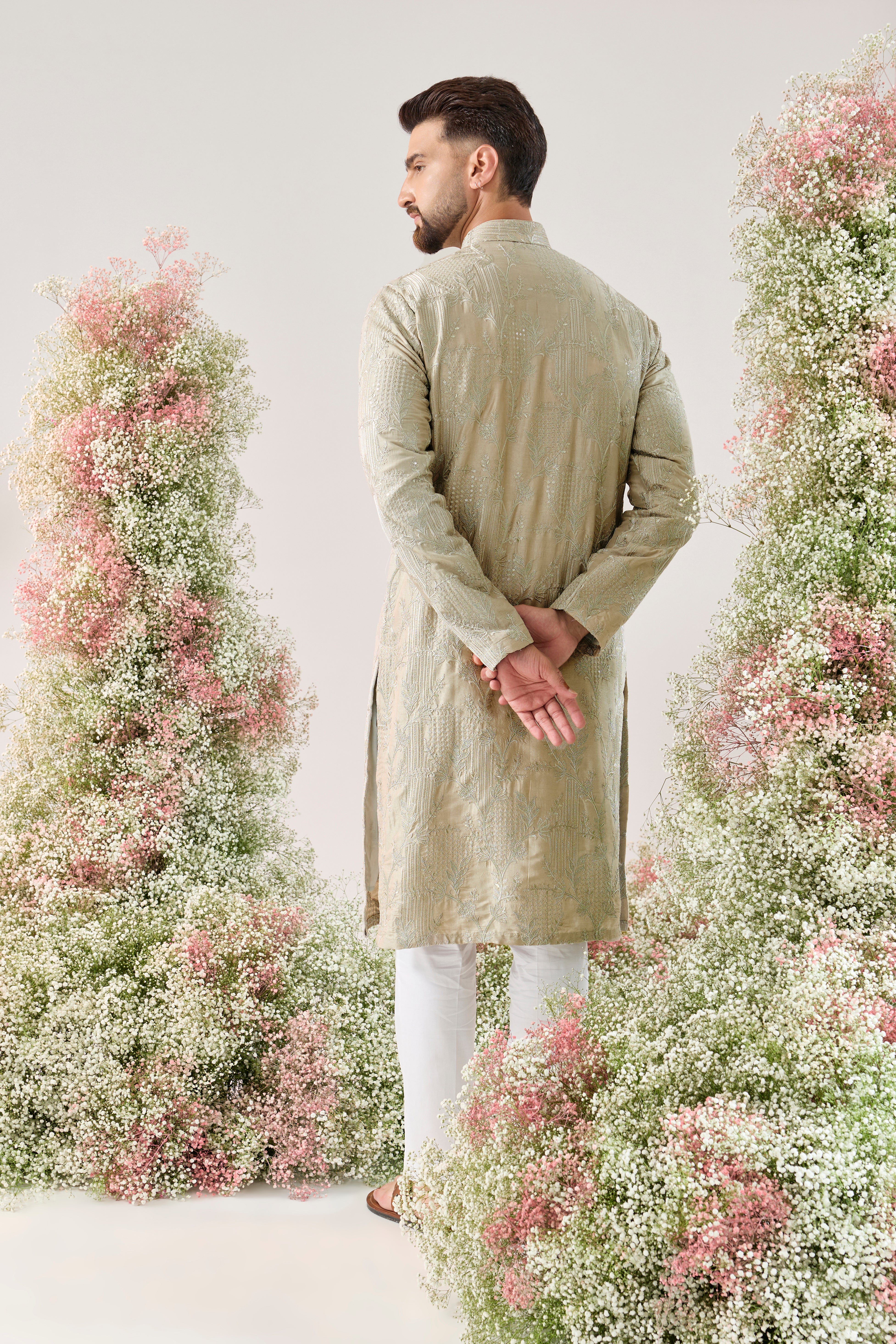 mint-silver sequined kurta with delicate floral embroidery