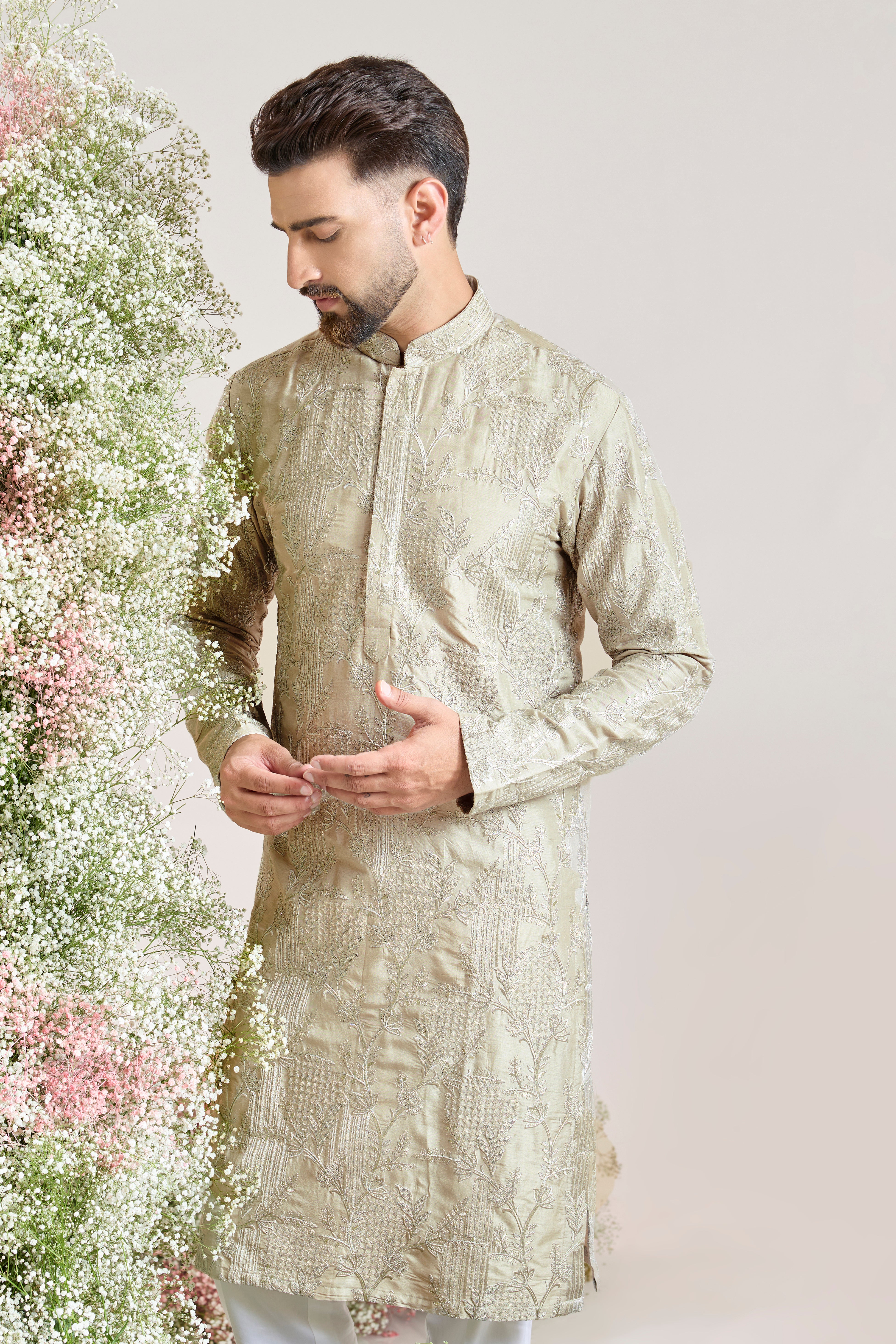 mint-silver sequined kurta with delicate floral embroidery