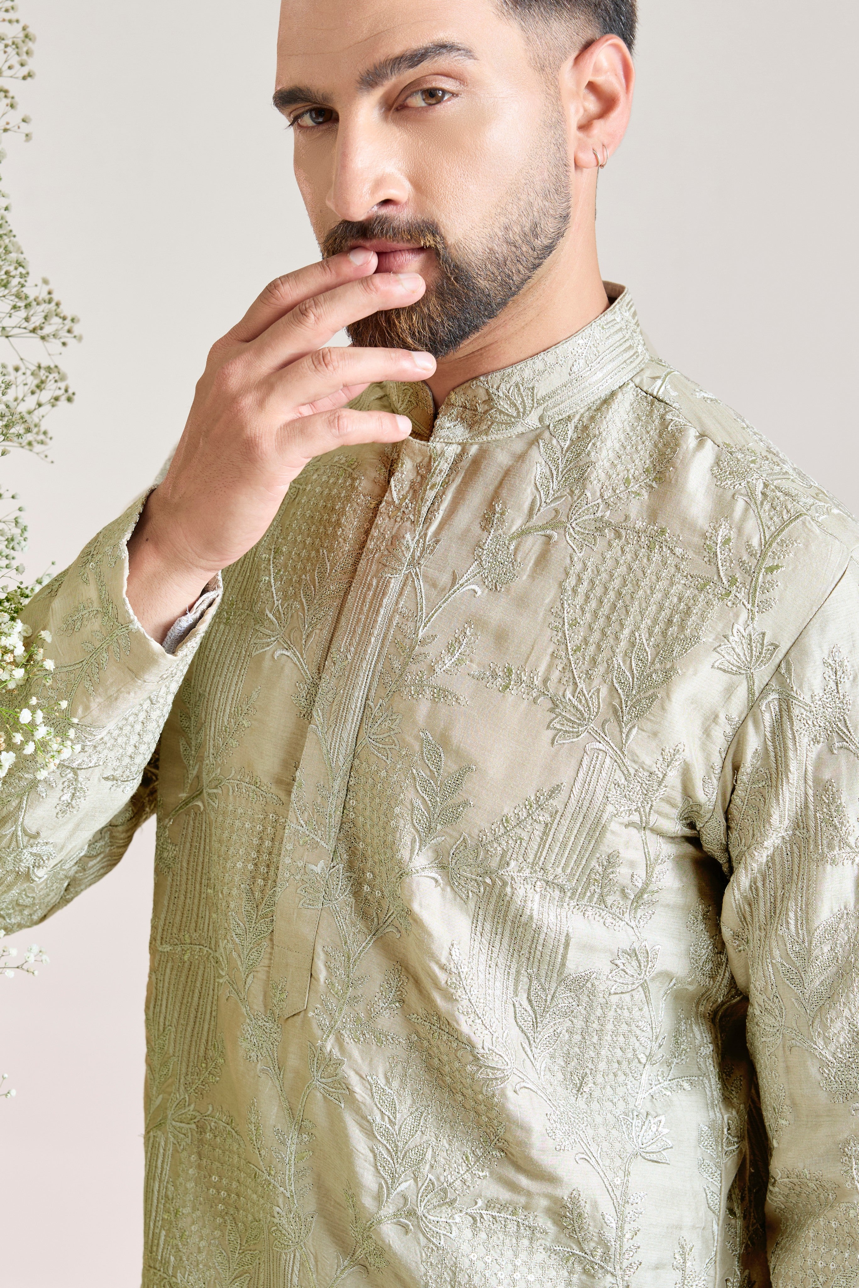mint-silver sequined kurta with delicate floral embroidery