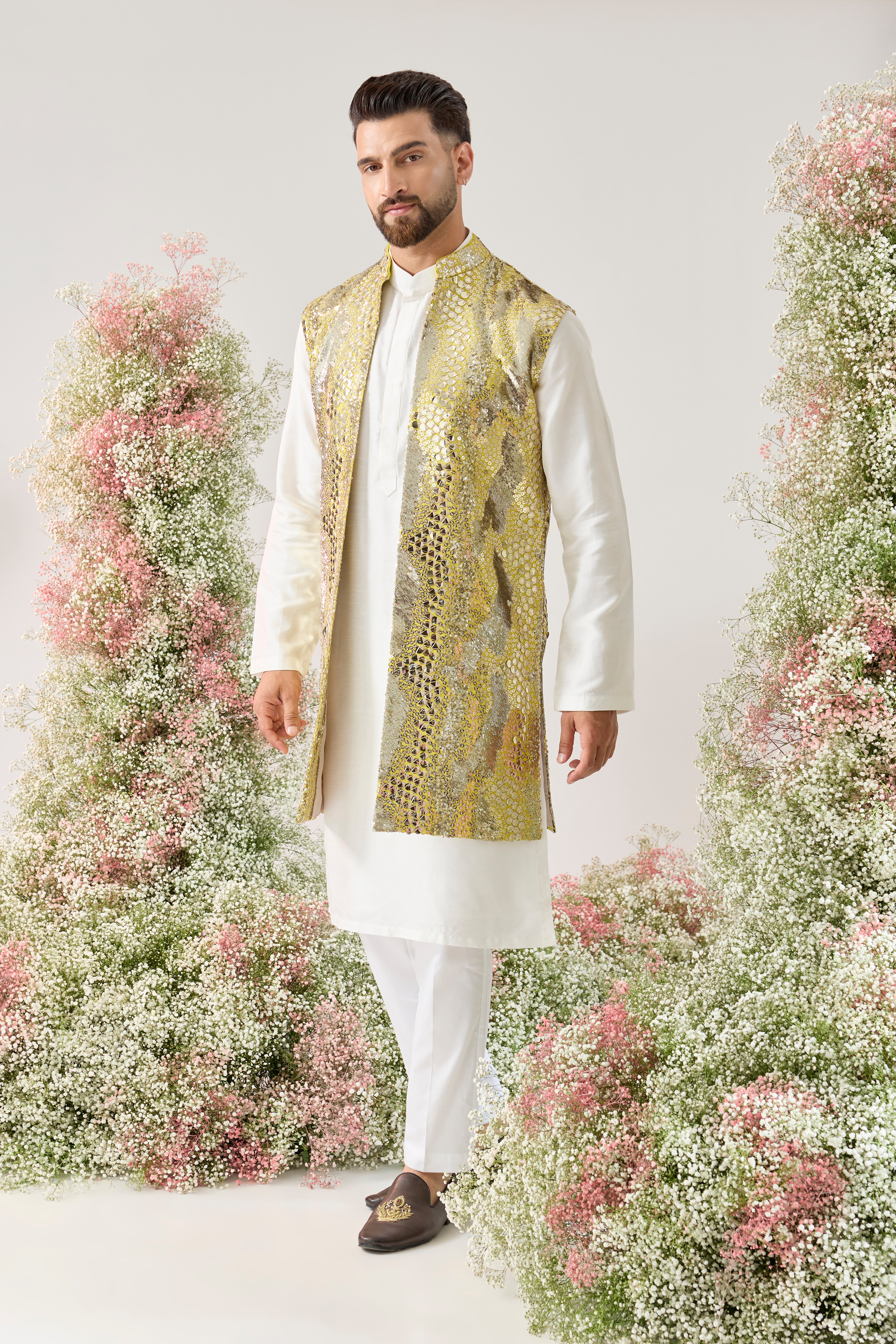 yellow sequined long open jacket