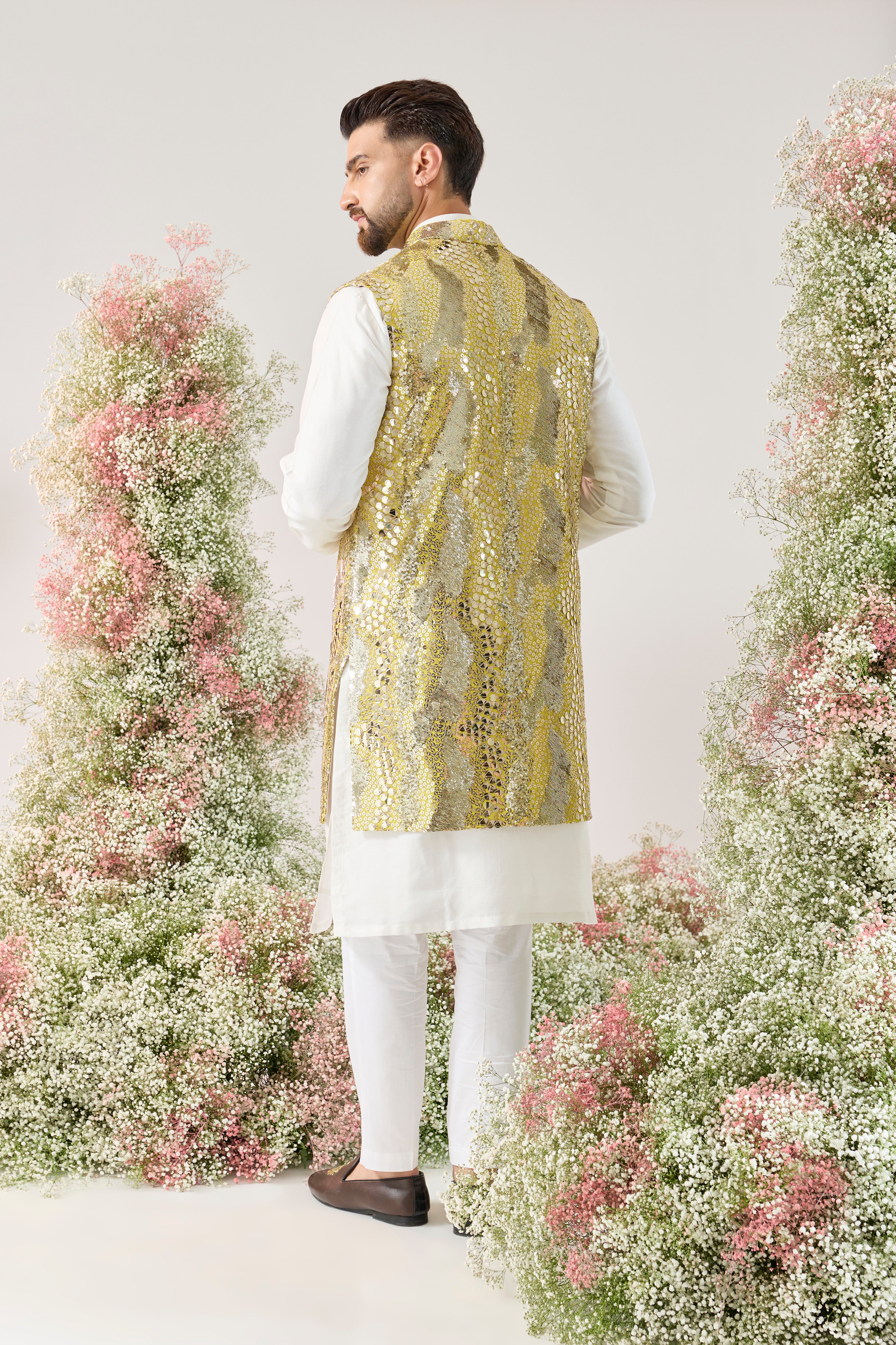 yellow sequined long open jacket