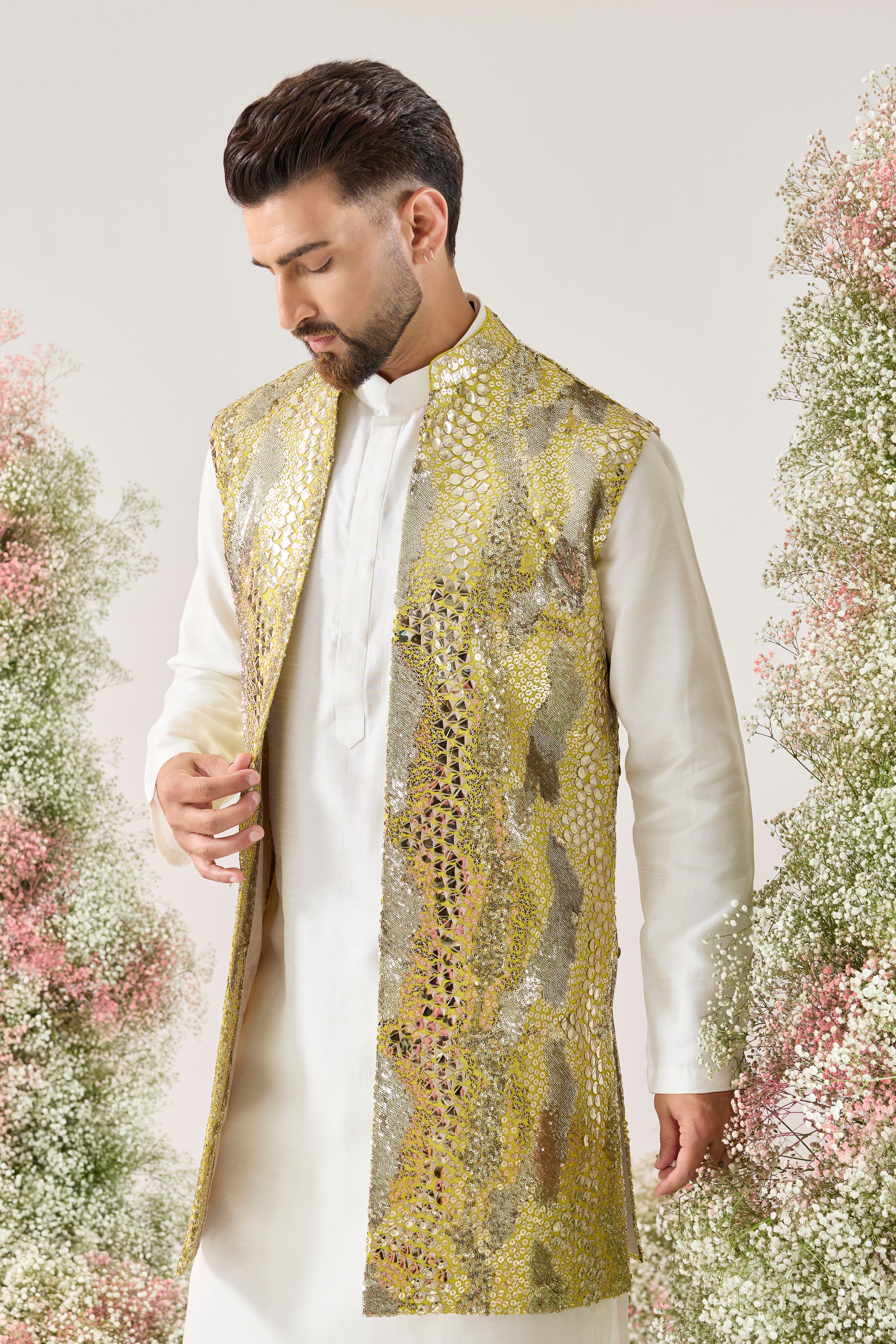 yellow sequined long open jacket