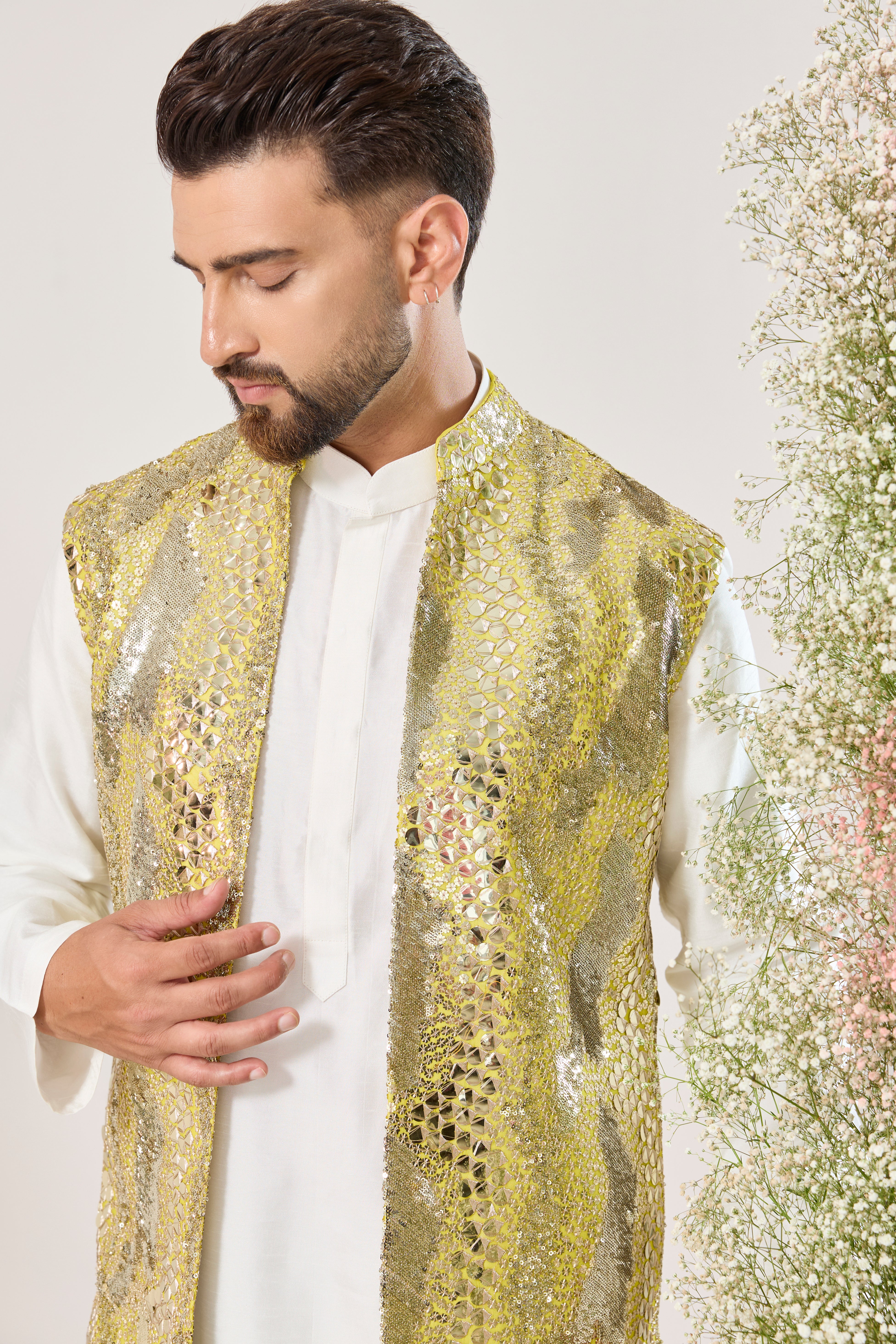 yellow sequined long open jacket