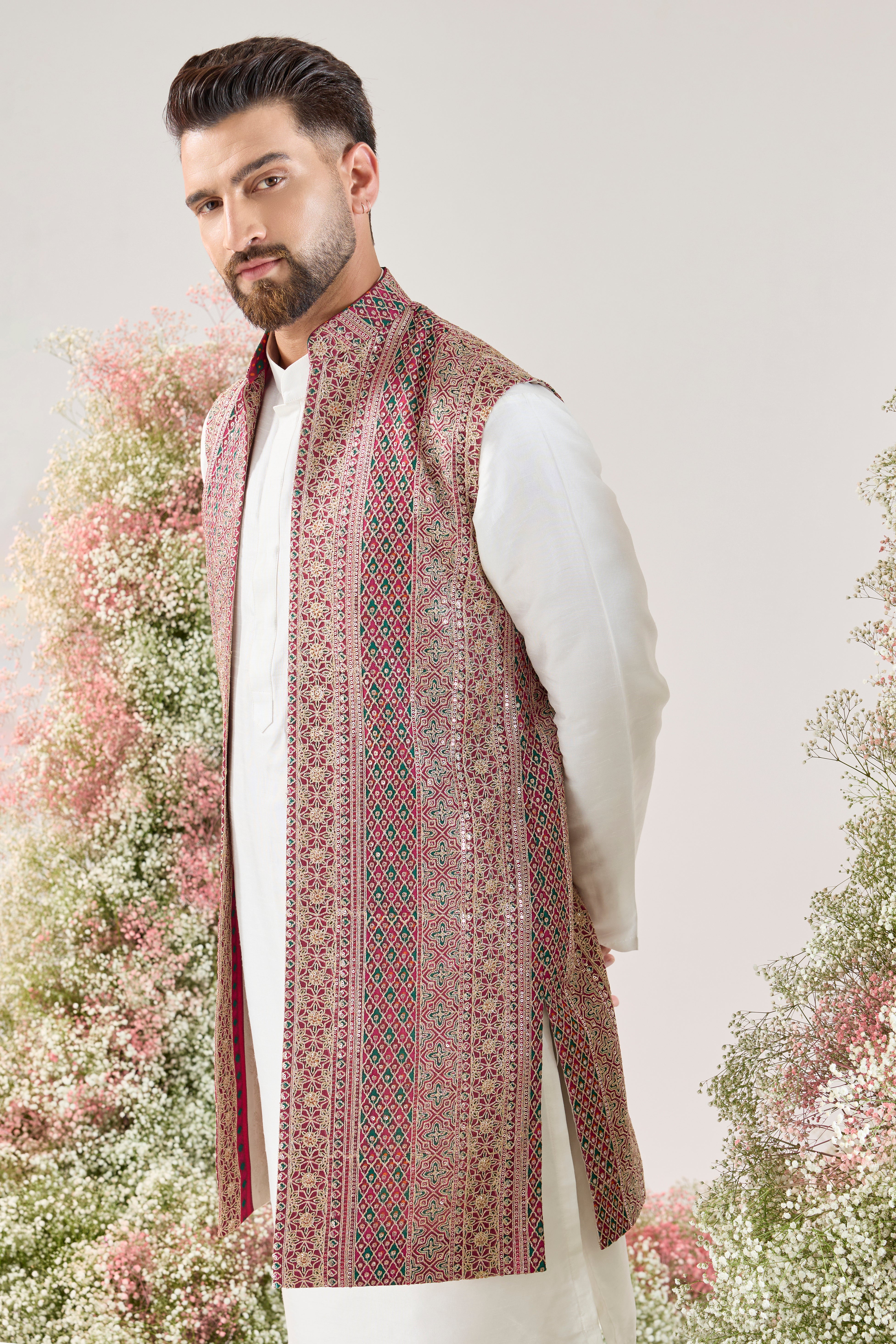 Zari serenity : Long Open Jacket with Heavy Zari & Sequin Opulence