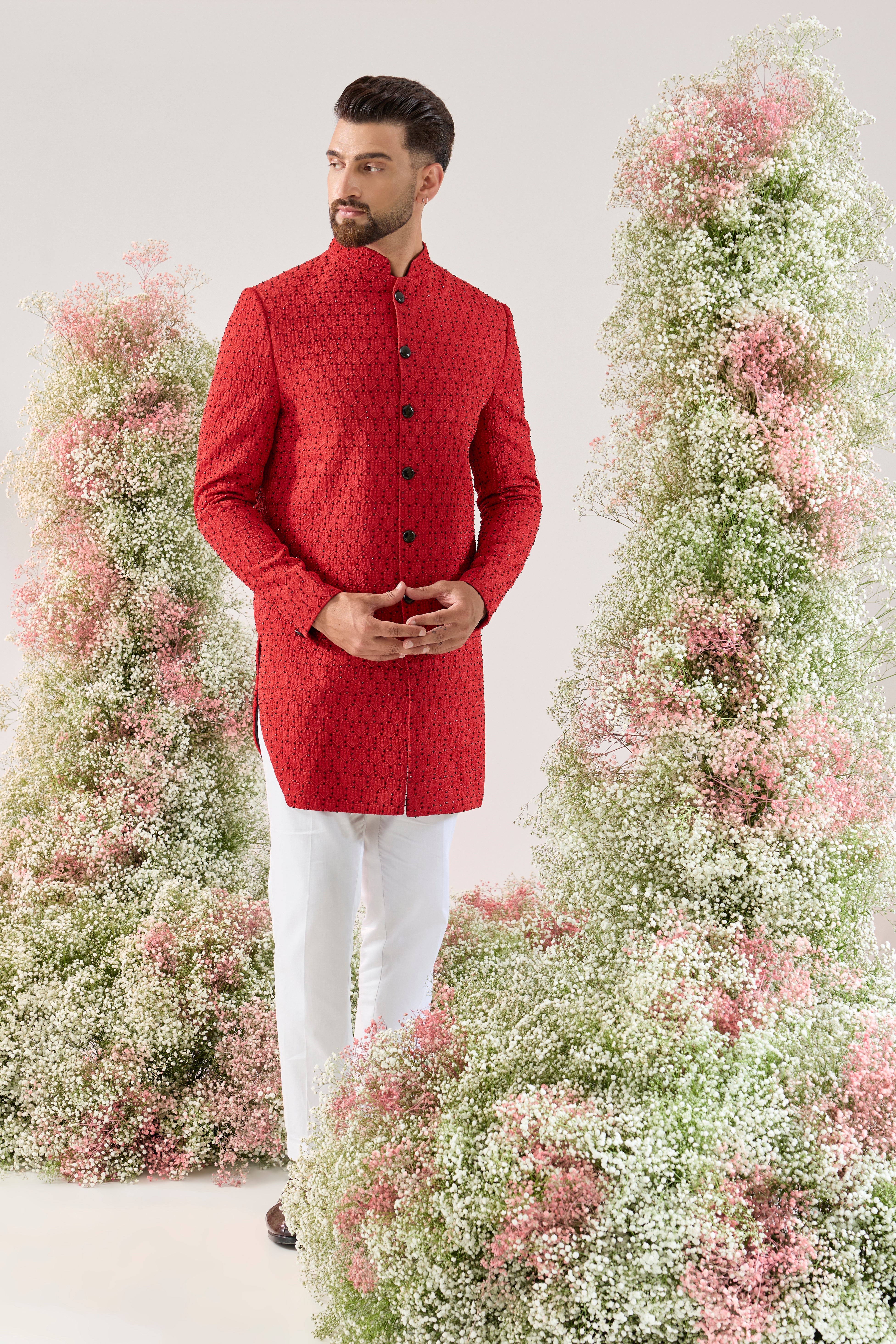 red royal cut short indowestern with cut dana embroidery