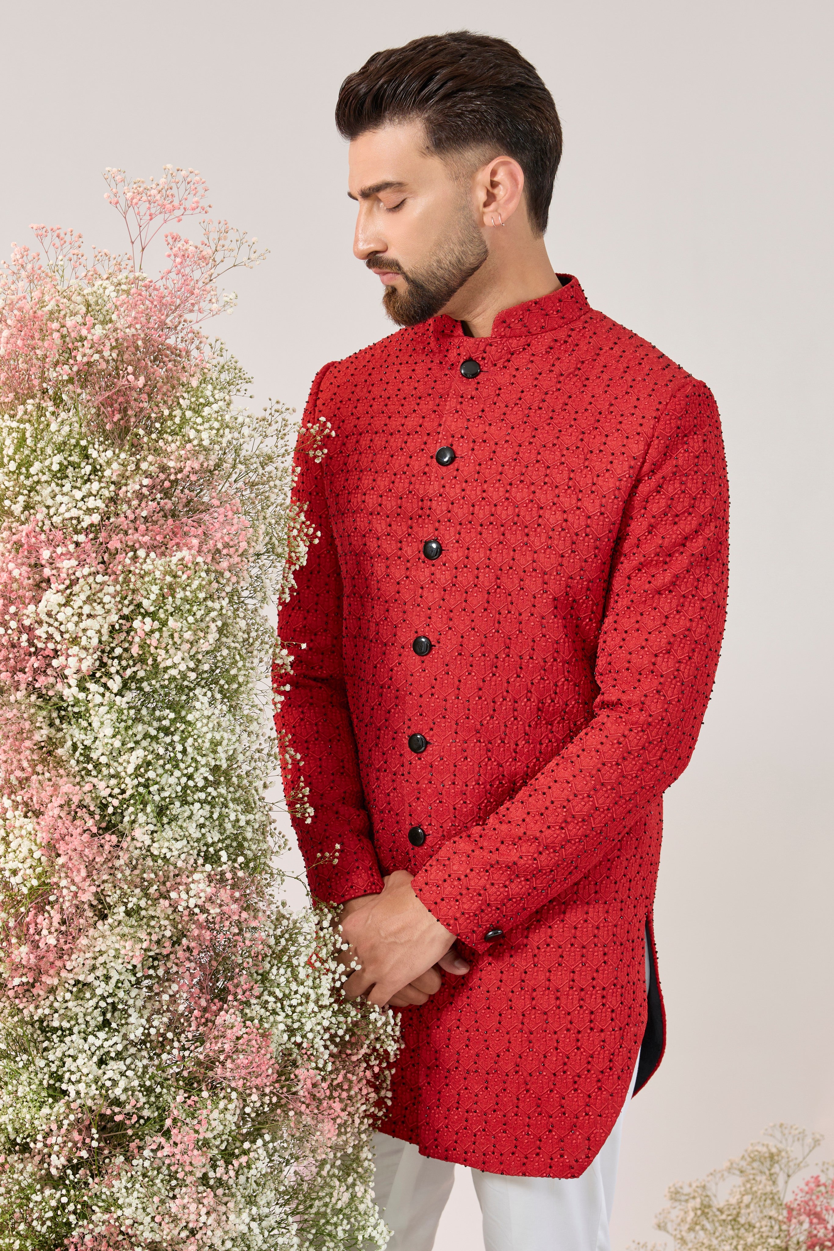 red royal cut short indowestern with cut dana embroidery
