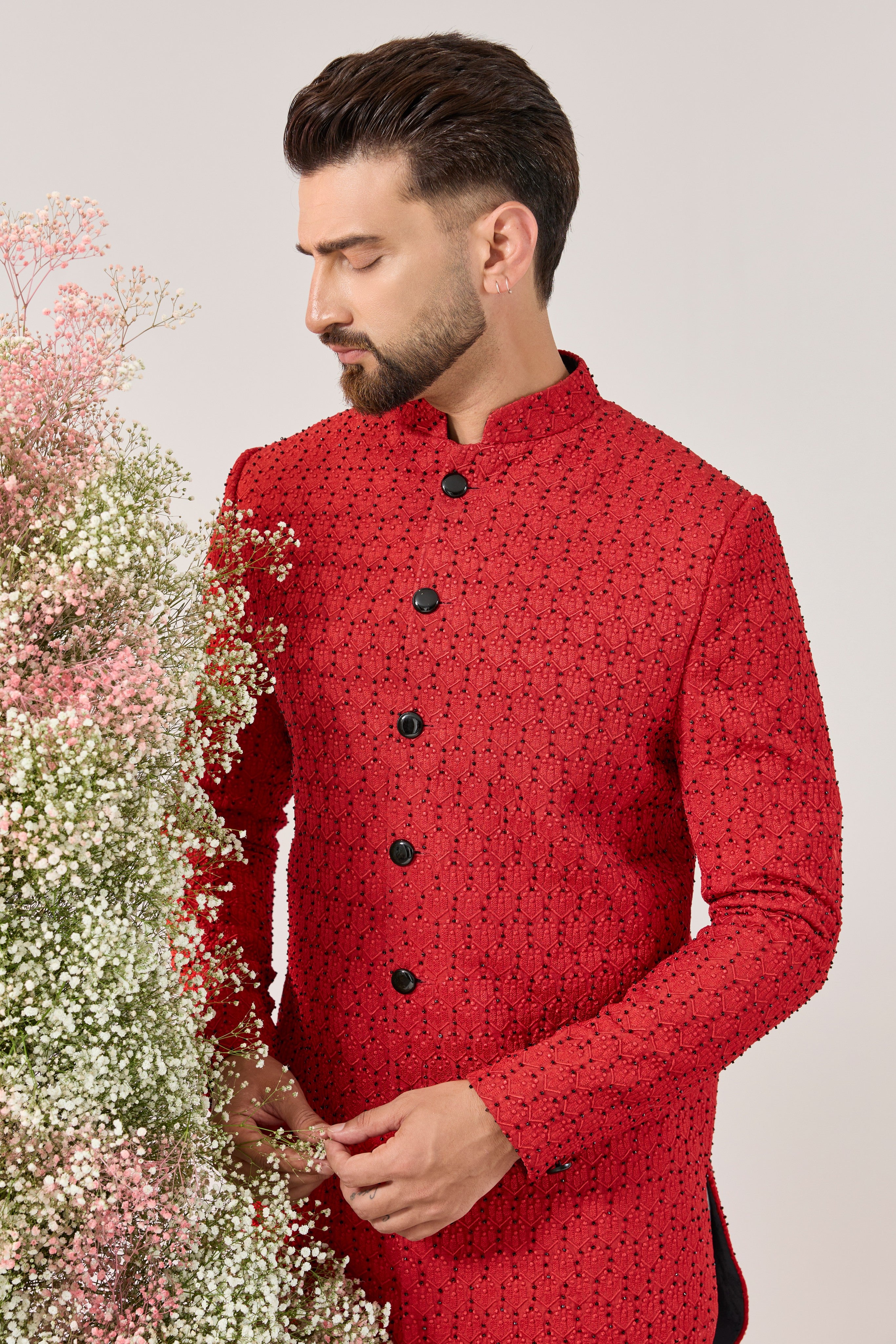 red royal cut short indowestern with cut dana embroidery