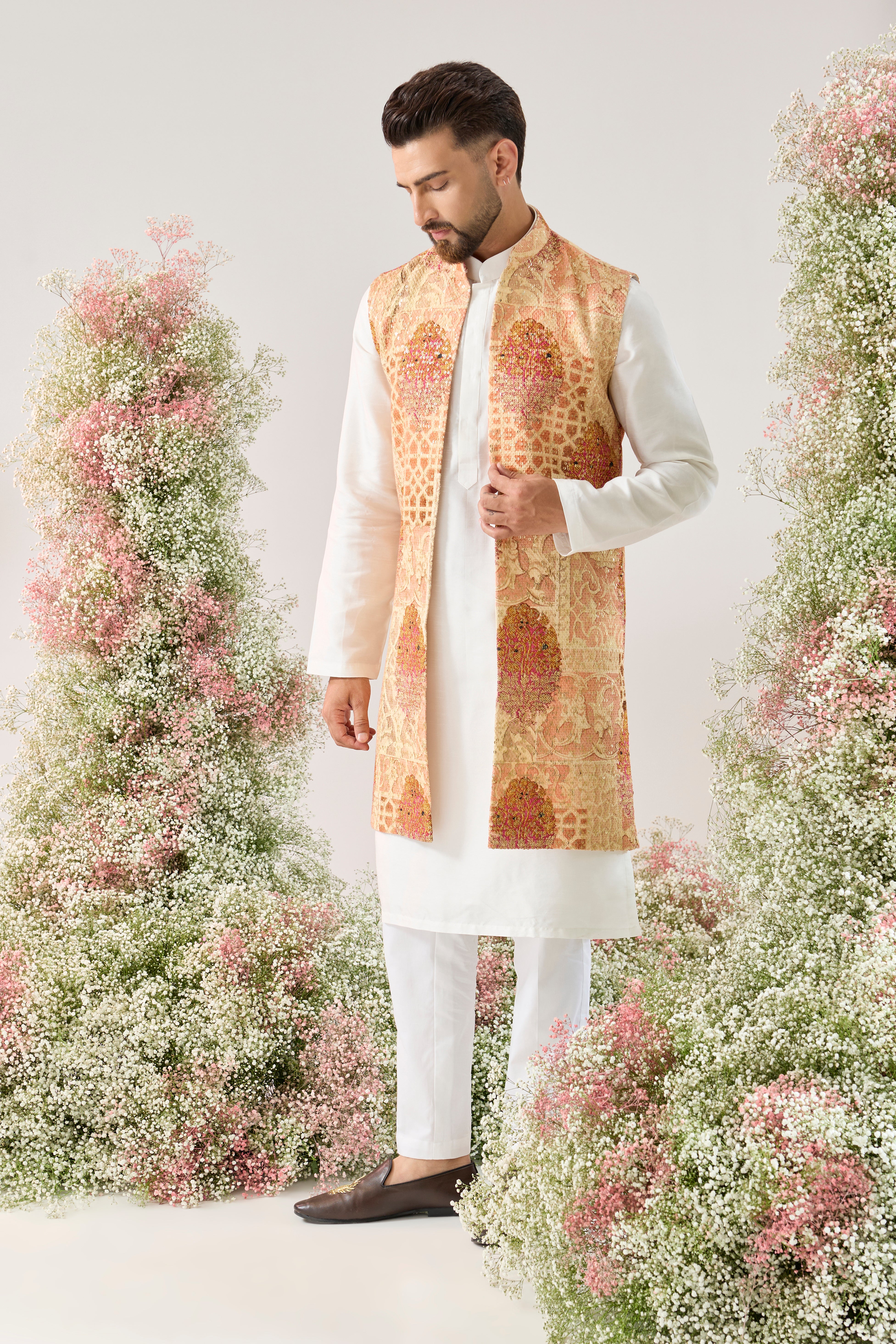 peach kalamkari embrodried long open jacket
