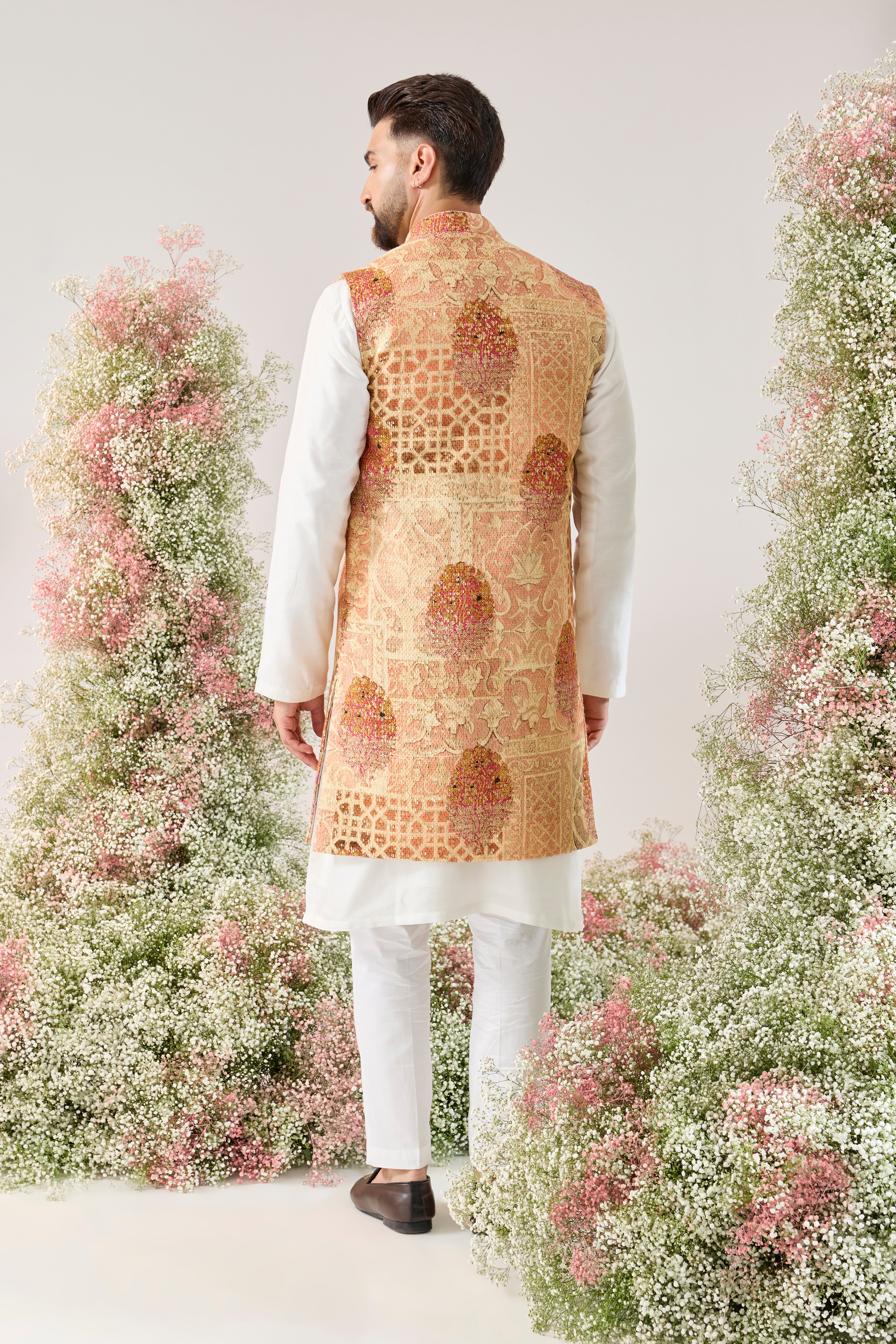 peach kalamkari embrodried long open jacket