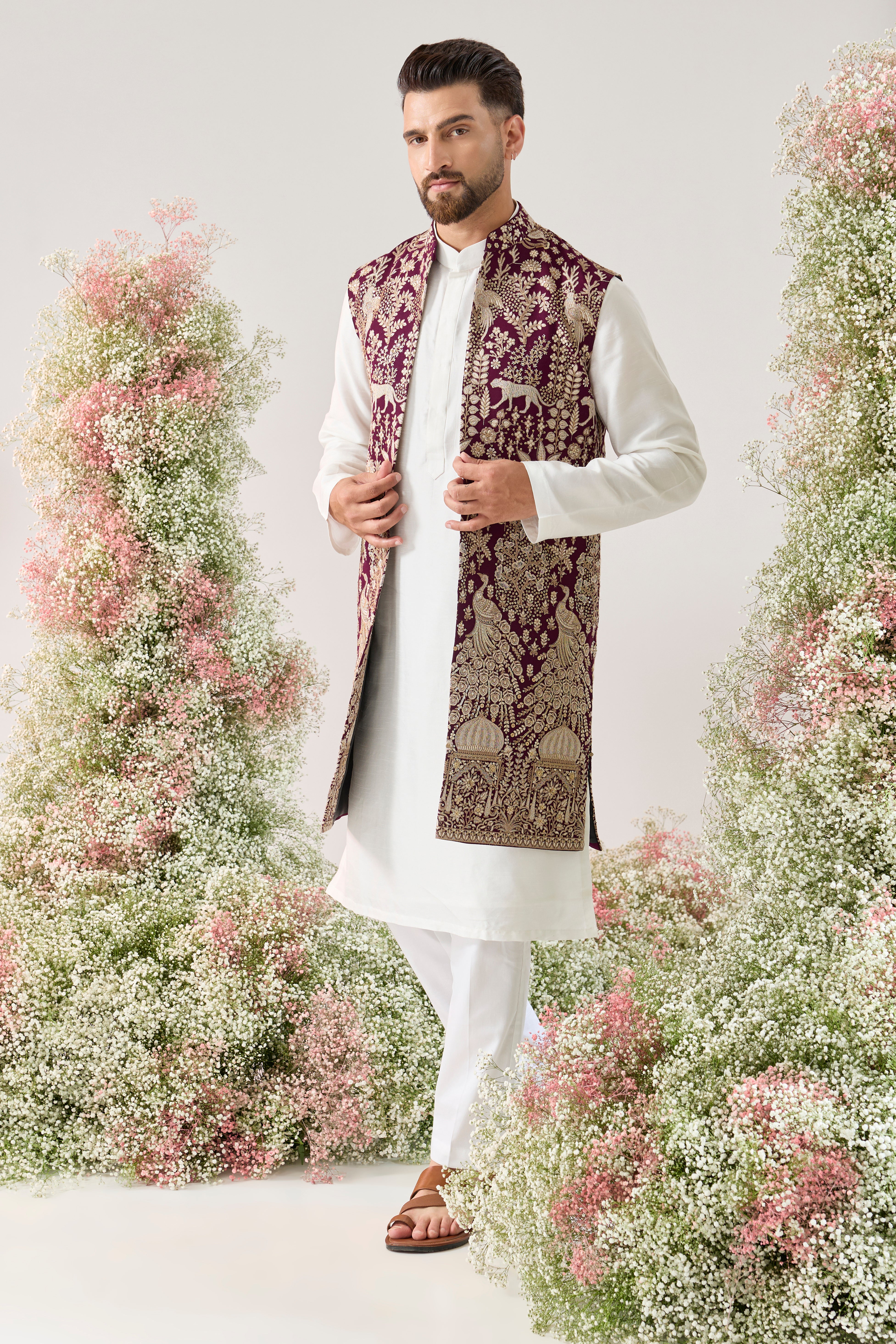 wine royal heritage long open jacket with zari work