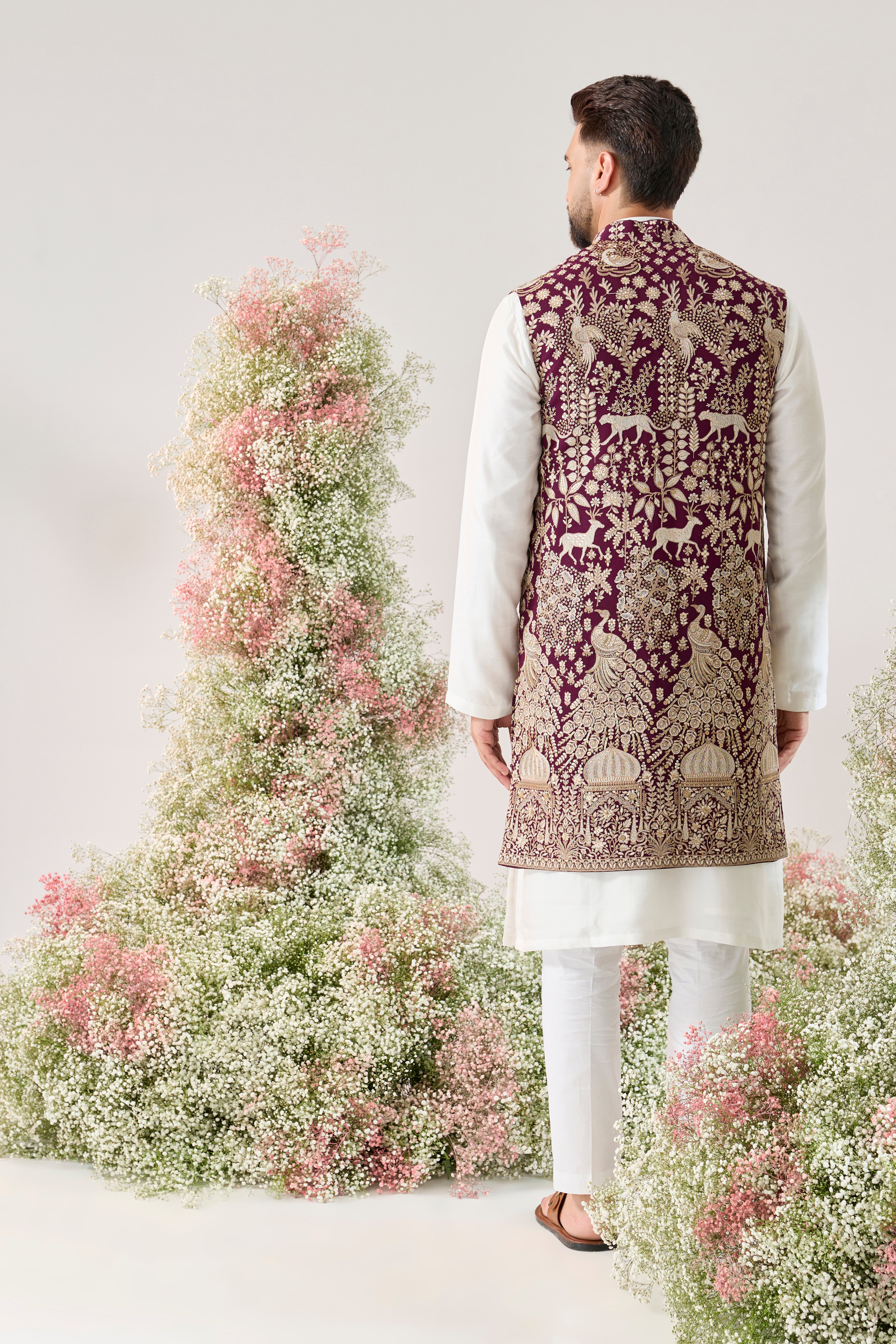 wine royal heritage long open jacket with zari work