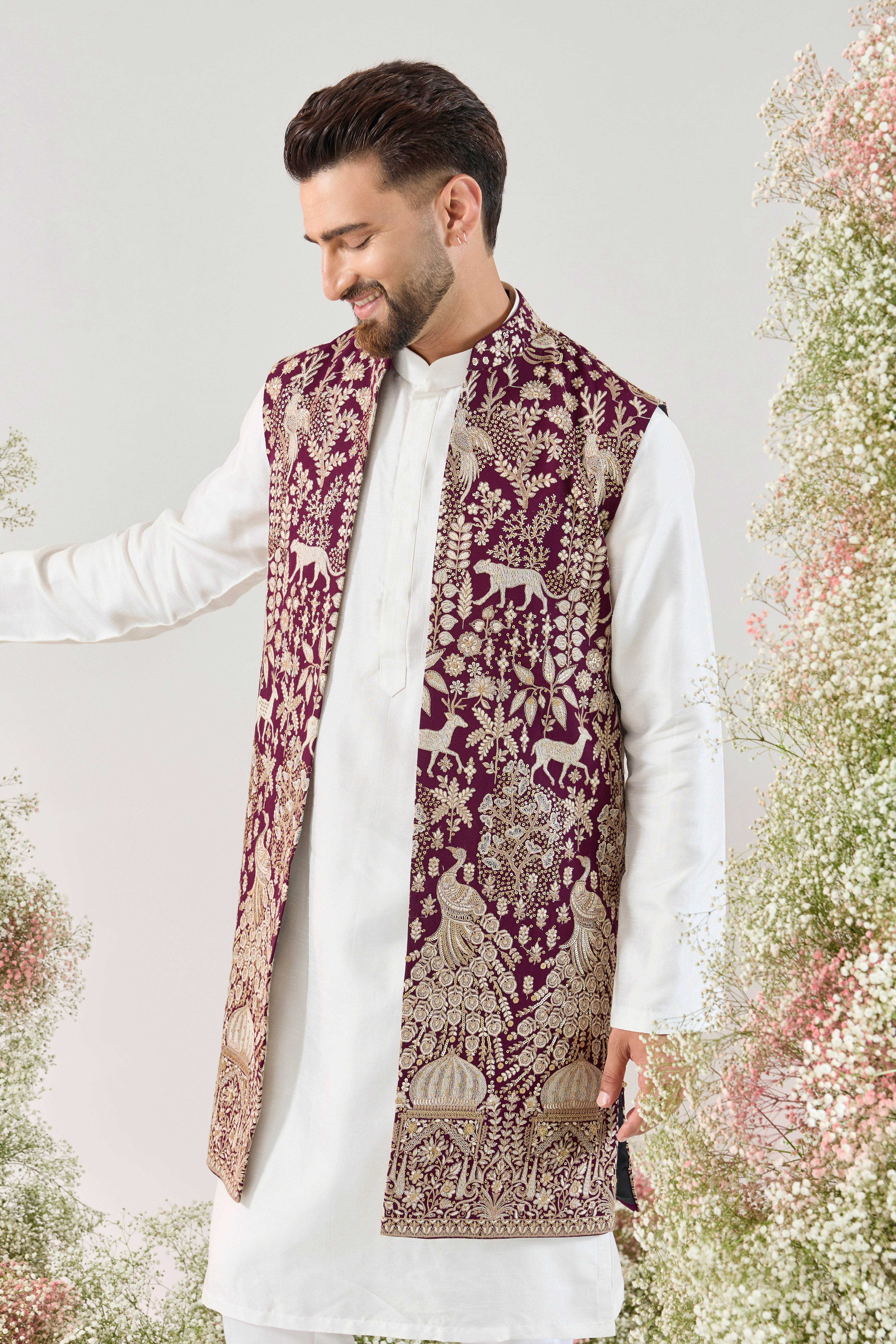 wine royal heritage long open jacket with zari work