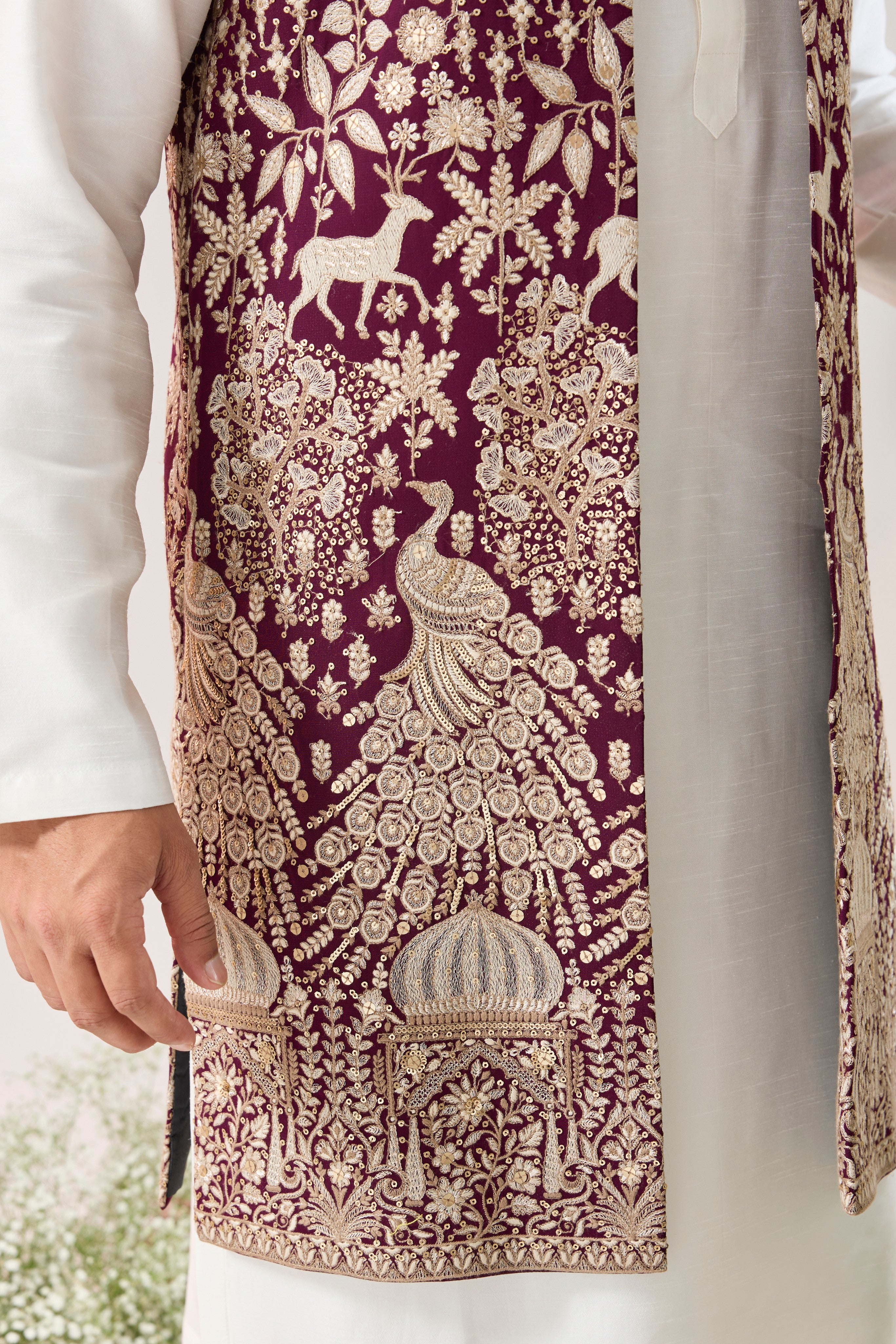 wine royal heritage long open jacket with zari work