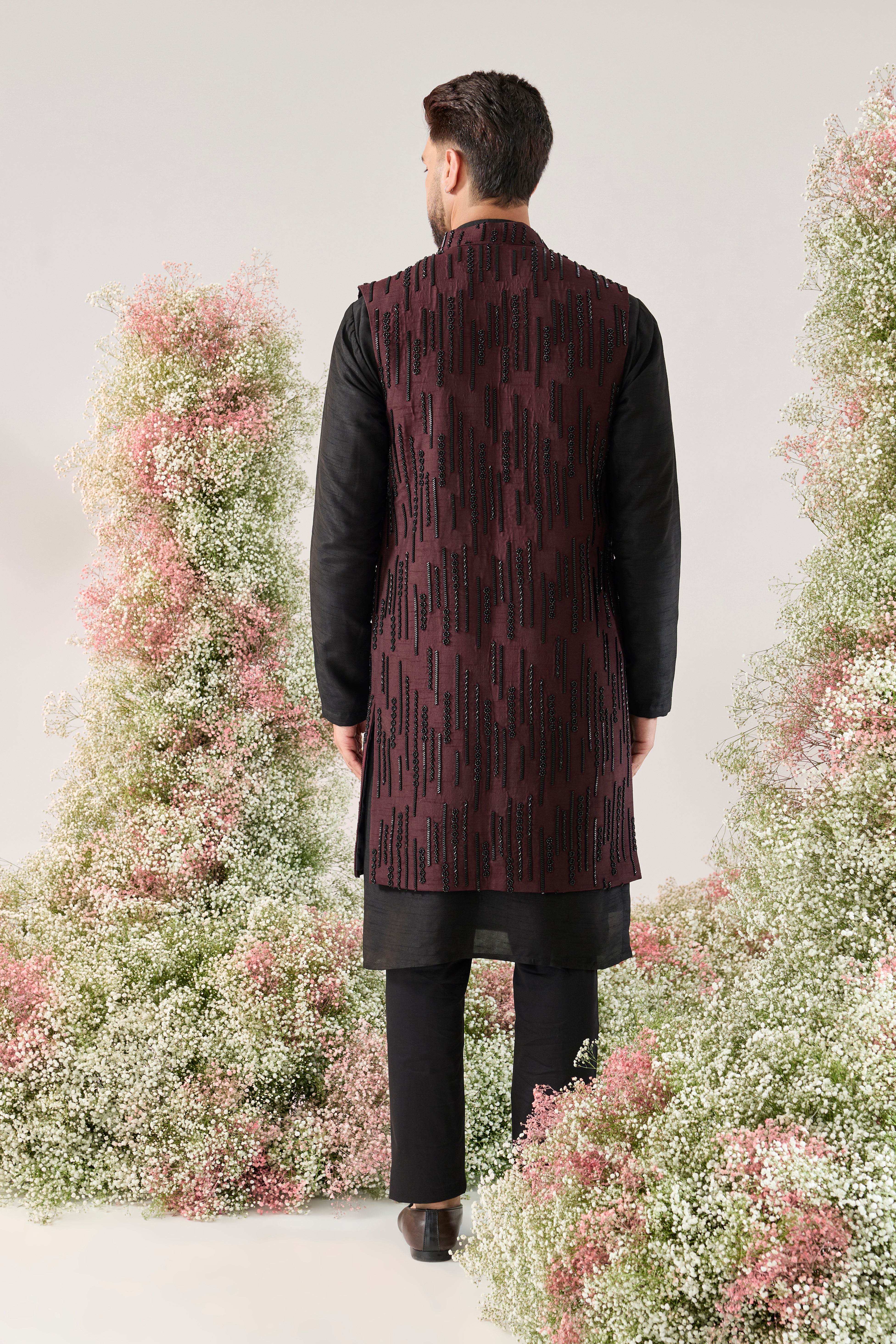 wine long open jacket with detailed cut dana embroidery