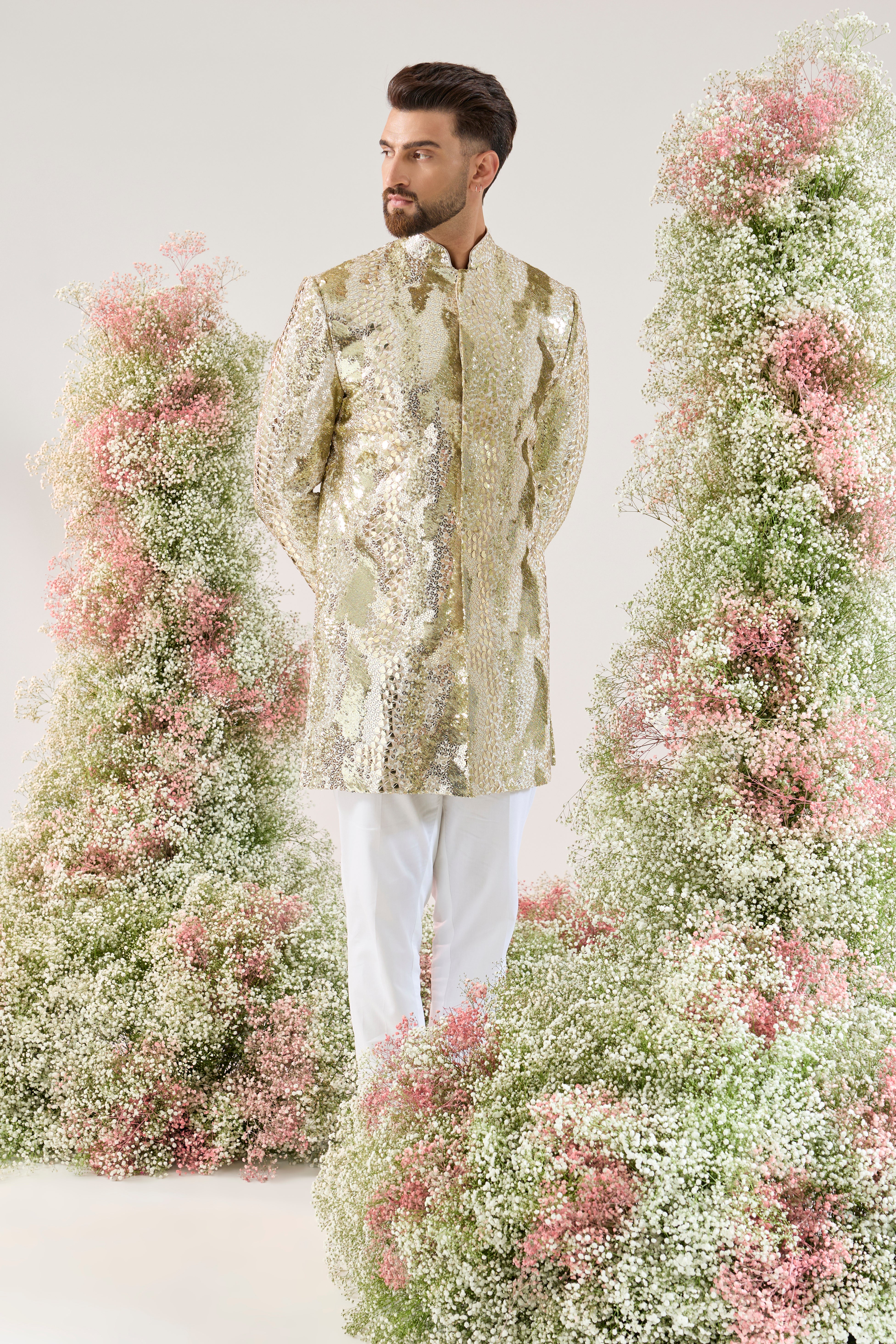 Ivory Radiance: Fully Sequined Short Indowestern Sherwani with Leather-Look Effect
