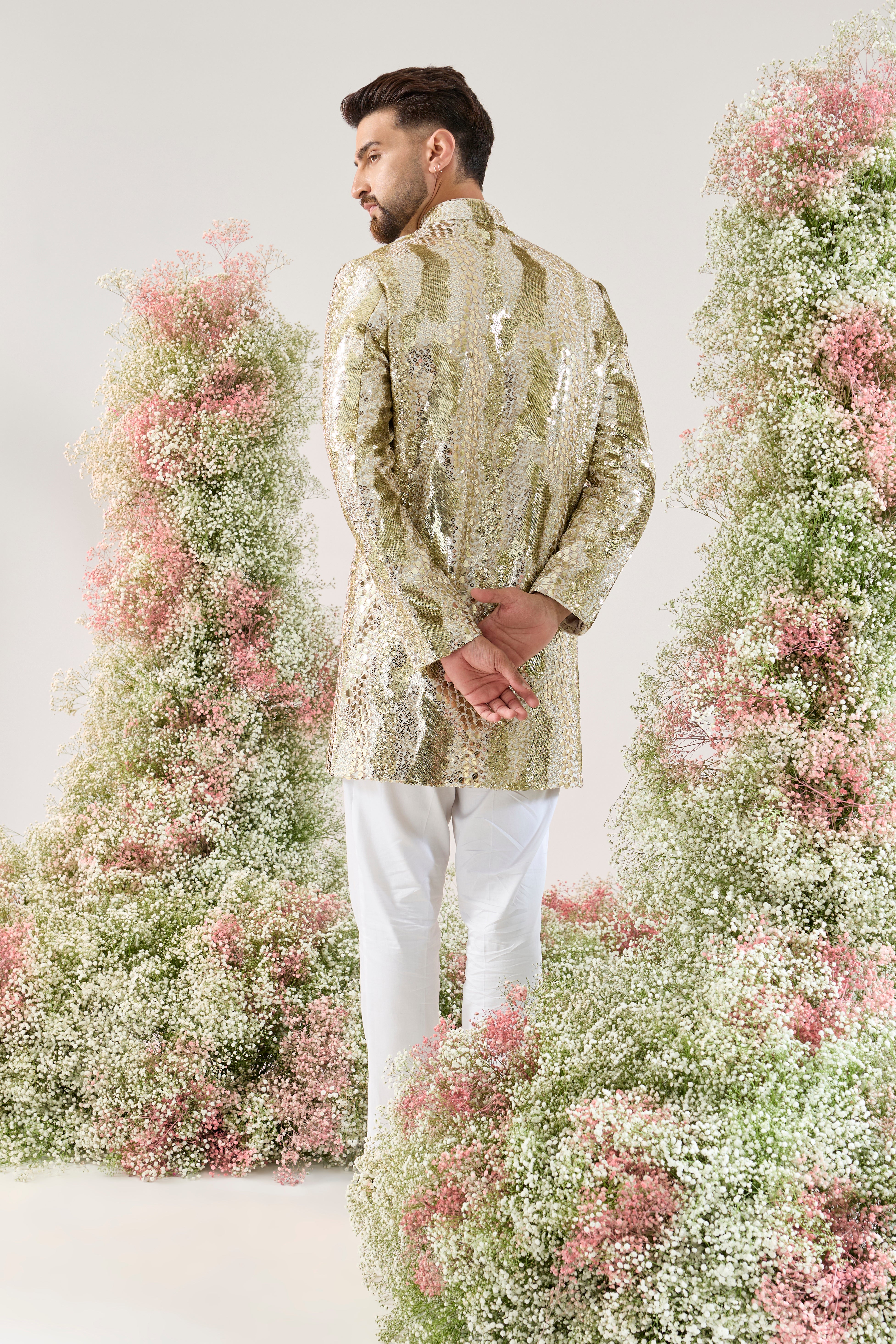 Ivory Radiance: Fully Sequined Short Indowestern Sherwani with Leather-Look Effect