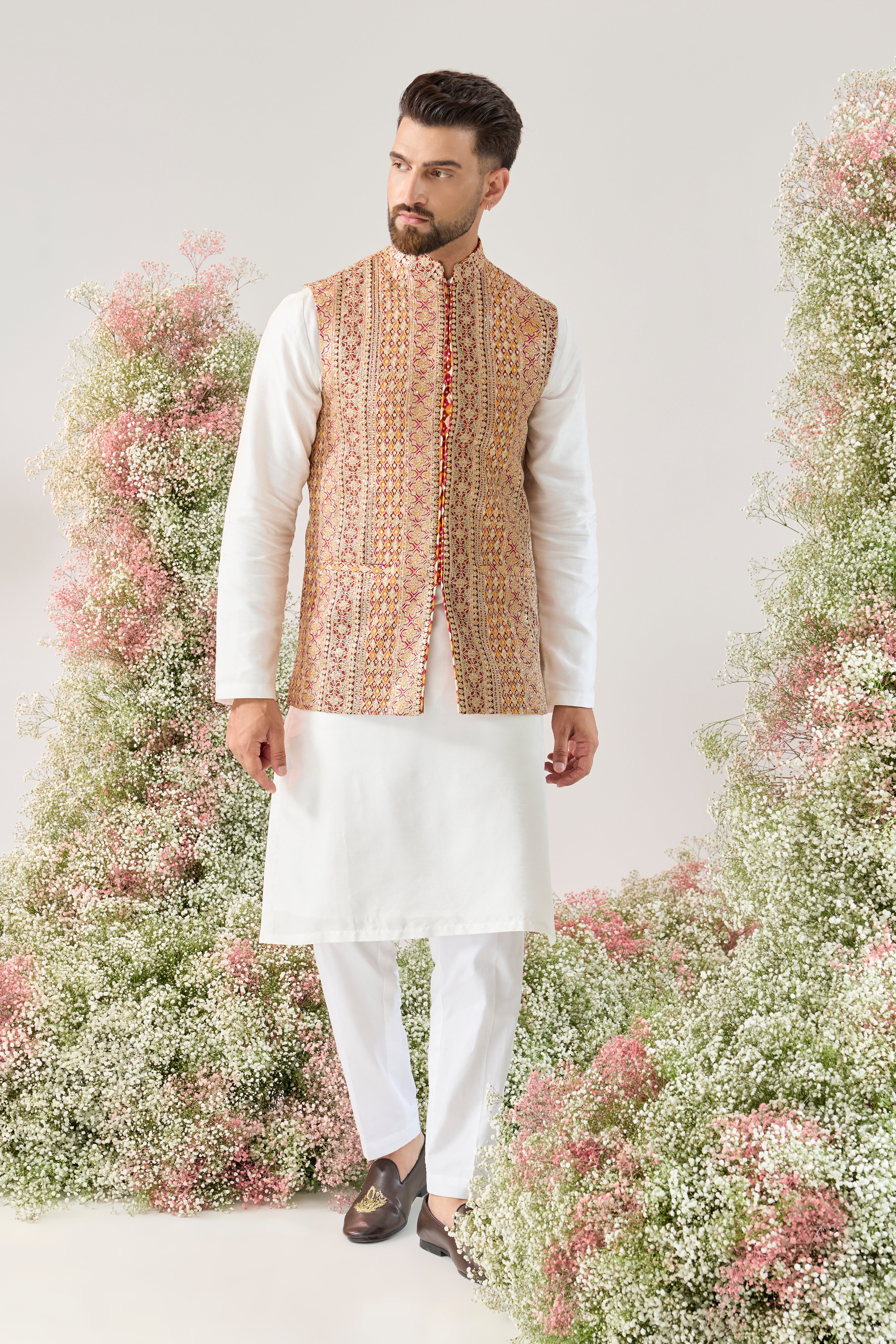 Zari Grandeur: nehru Jacket with mustard, red and Golden Embellishments