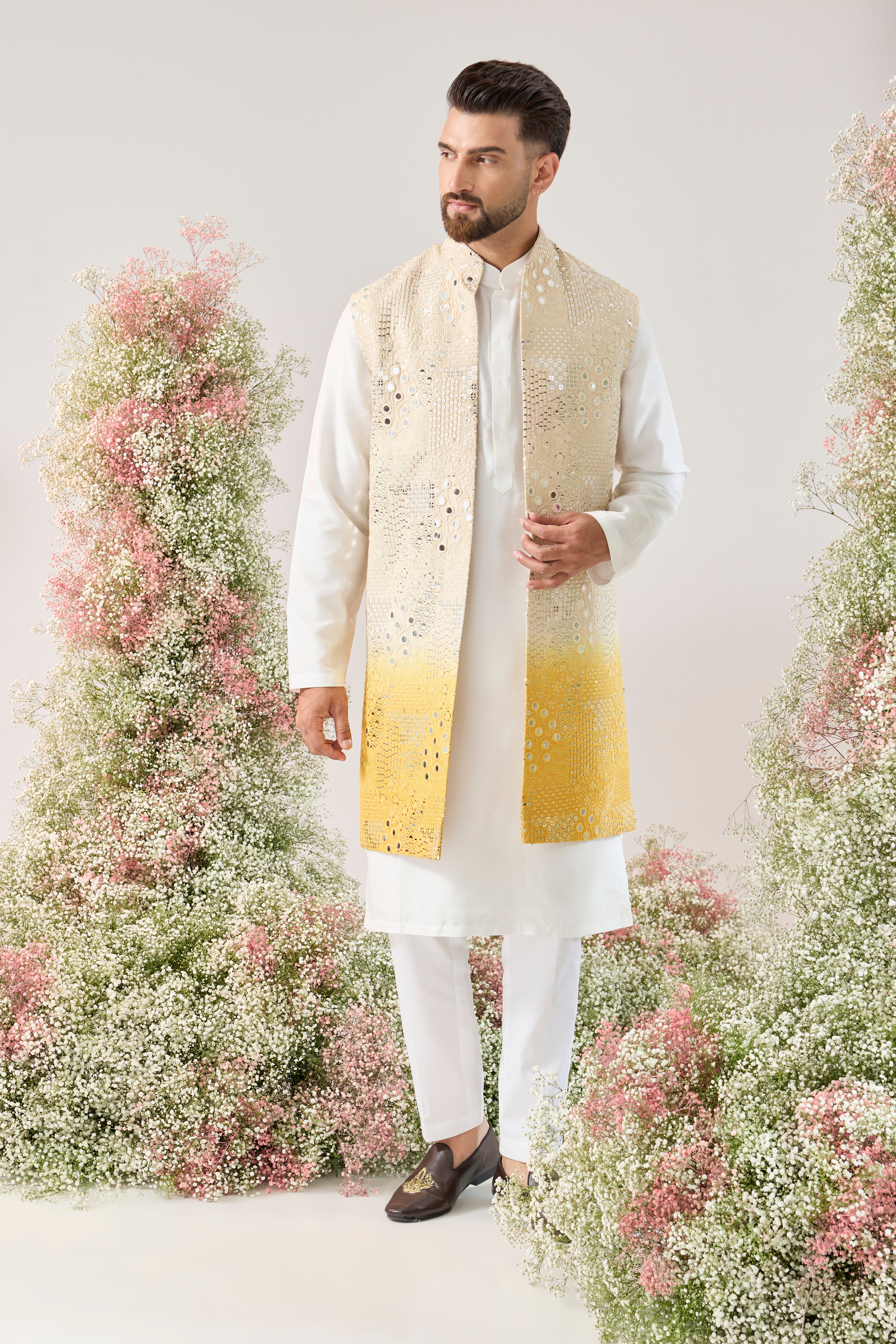 signature  ombre shaded long open mirror work jacket